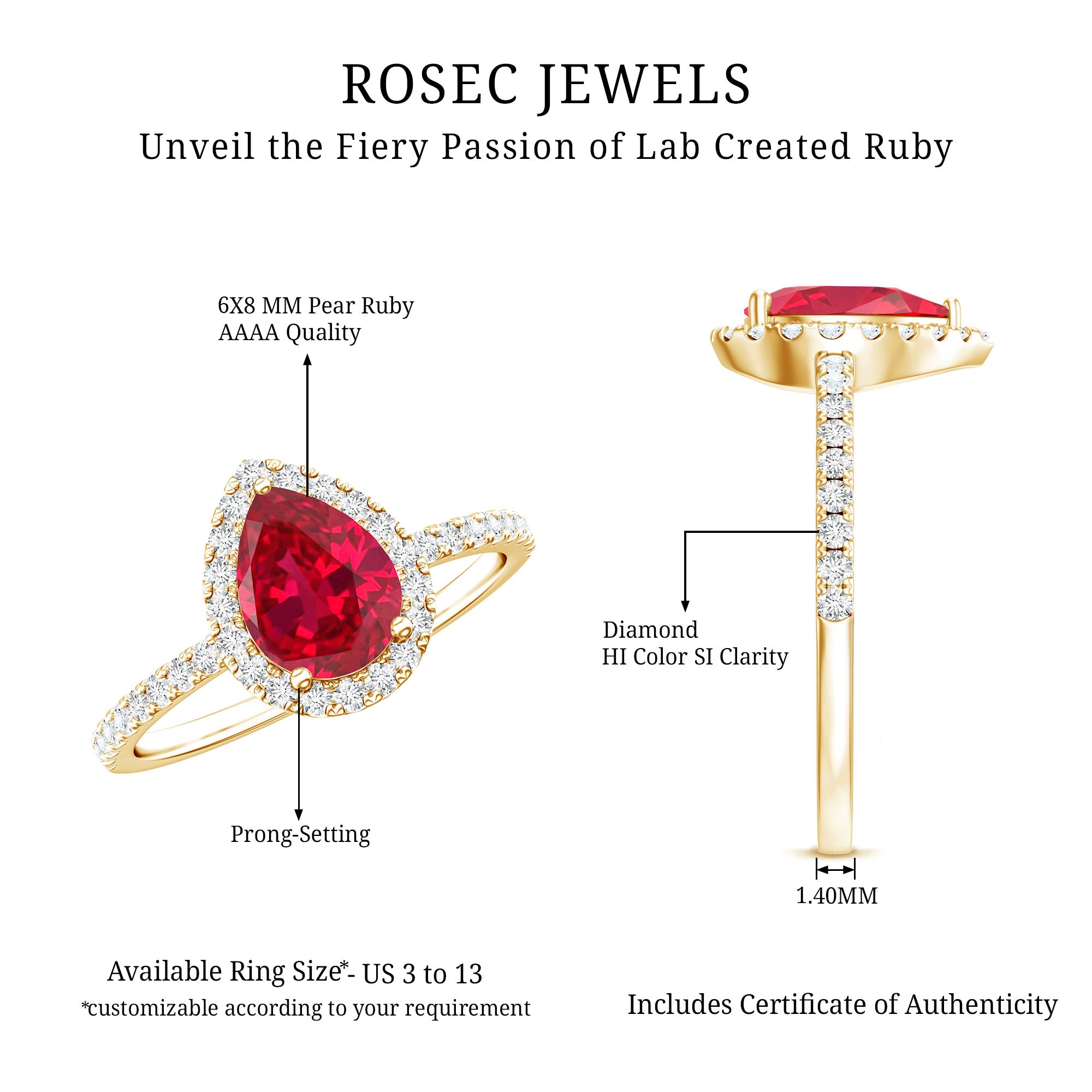 1 Carat Lab Created Ruby Teardrop Engagement Ring with Diamond Halo AAAA - Rosec Jewels