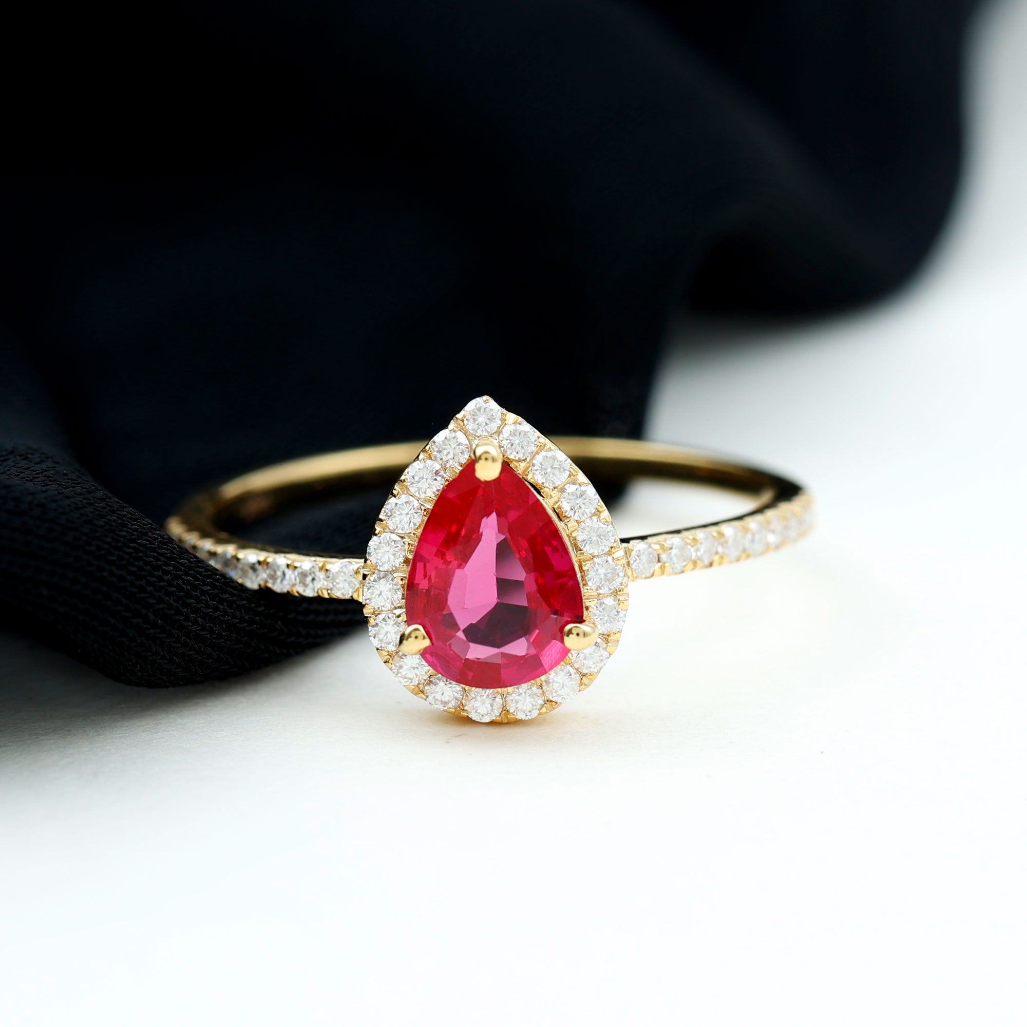 1 Carat Lab Created Ruby Teardrop Engagement Ring with Diamond Halo AAAA - Rosec Jewels