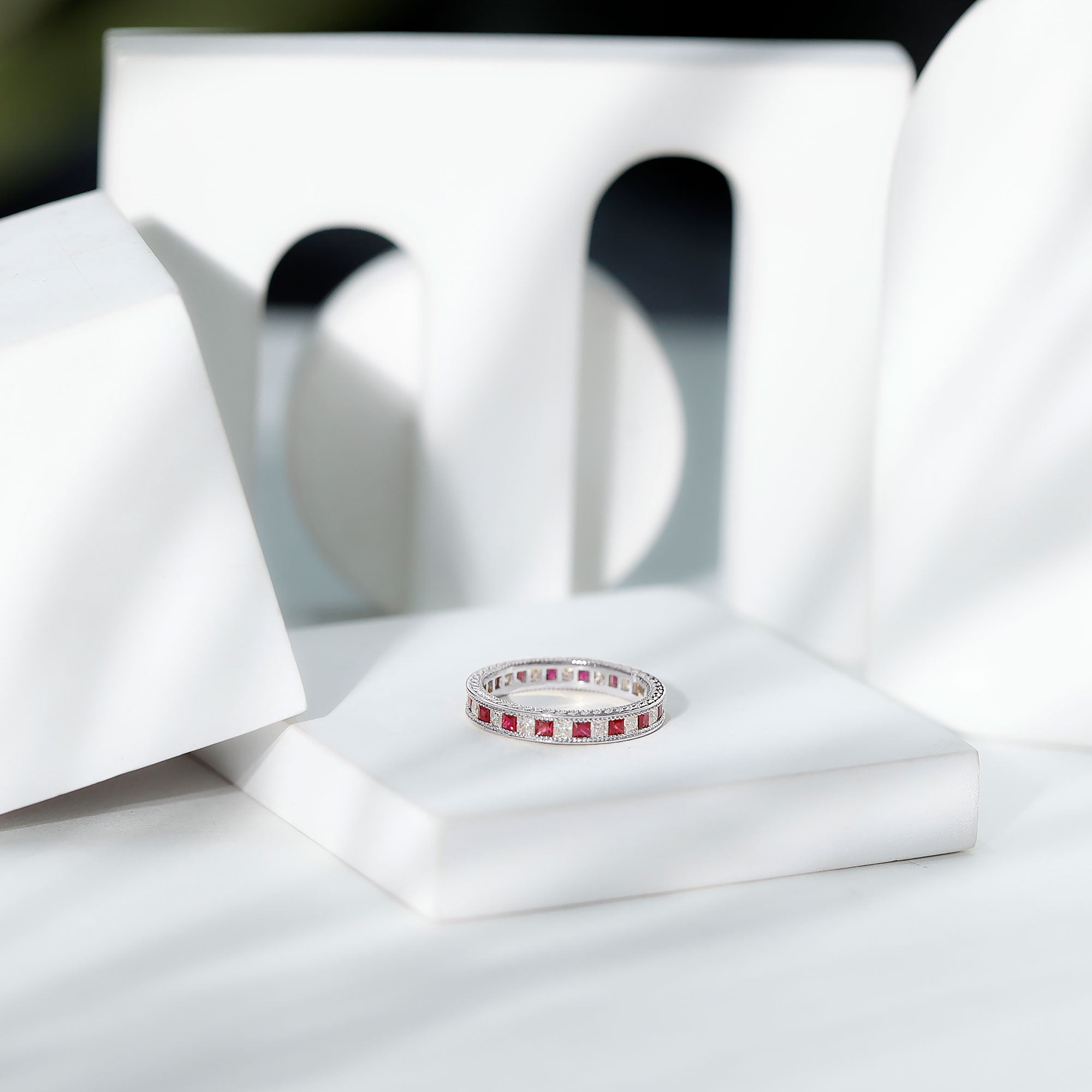 Certified Natural Princess Cut Ruby Eternity Ring with Moissanite AAA - Rosec Jewels