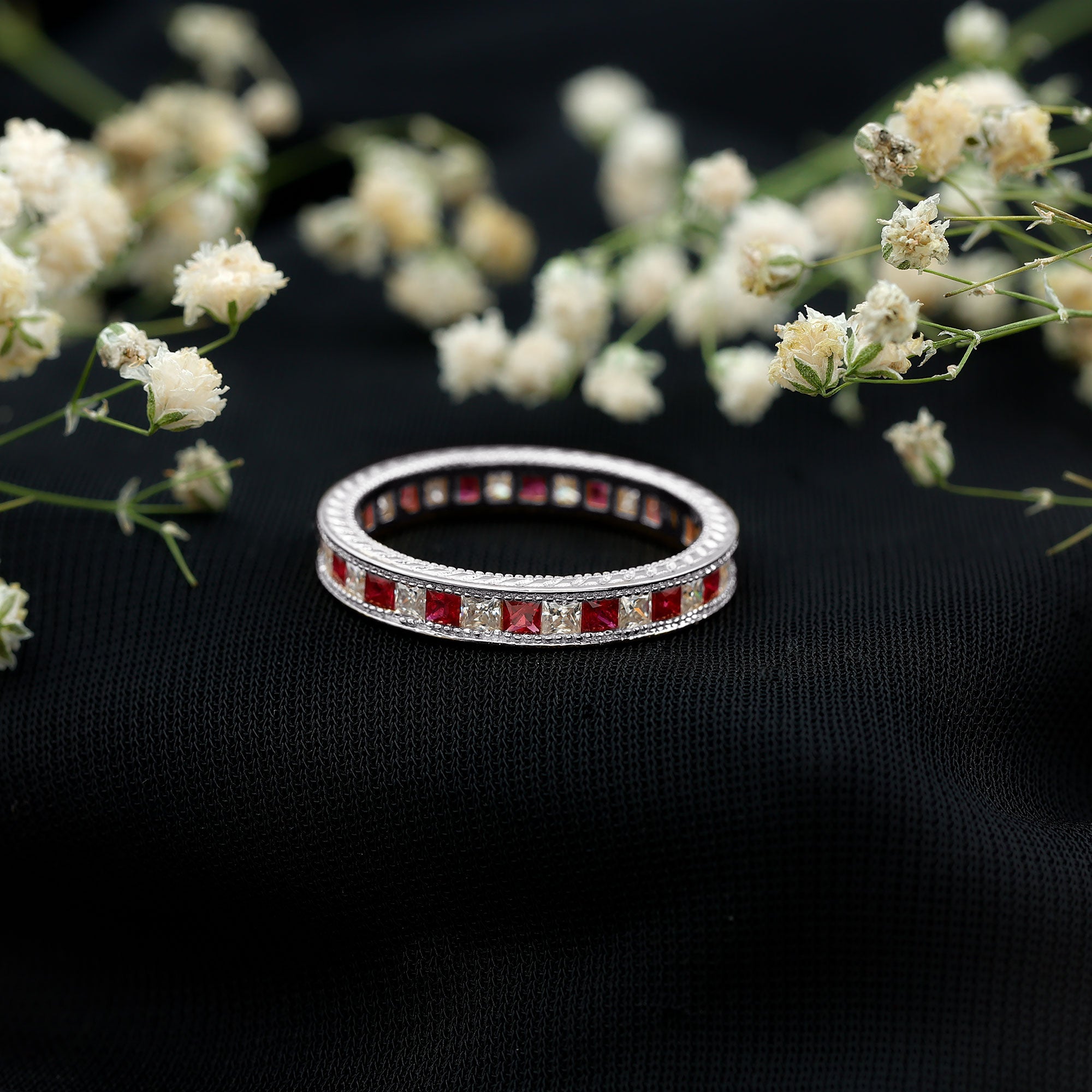 Certified Natural Princess Cut Ruby Eternity Ring with Moissanite AAA - Rosec Jewels