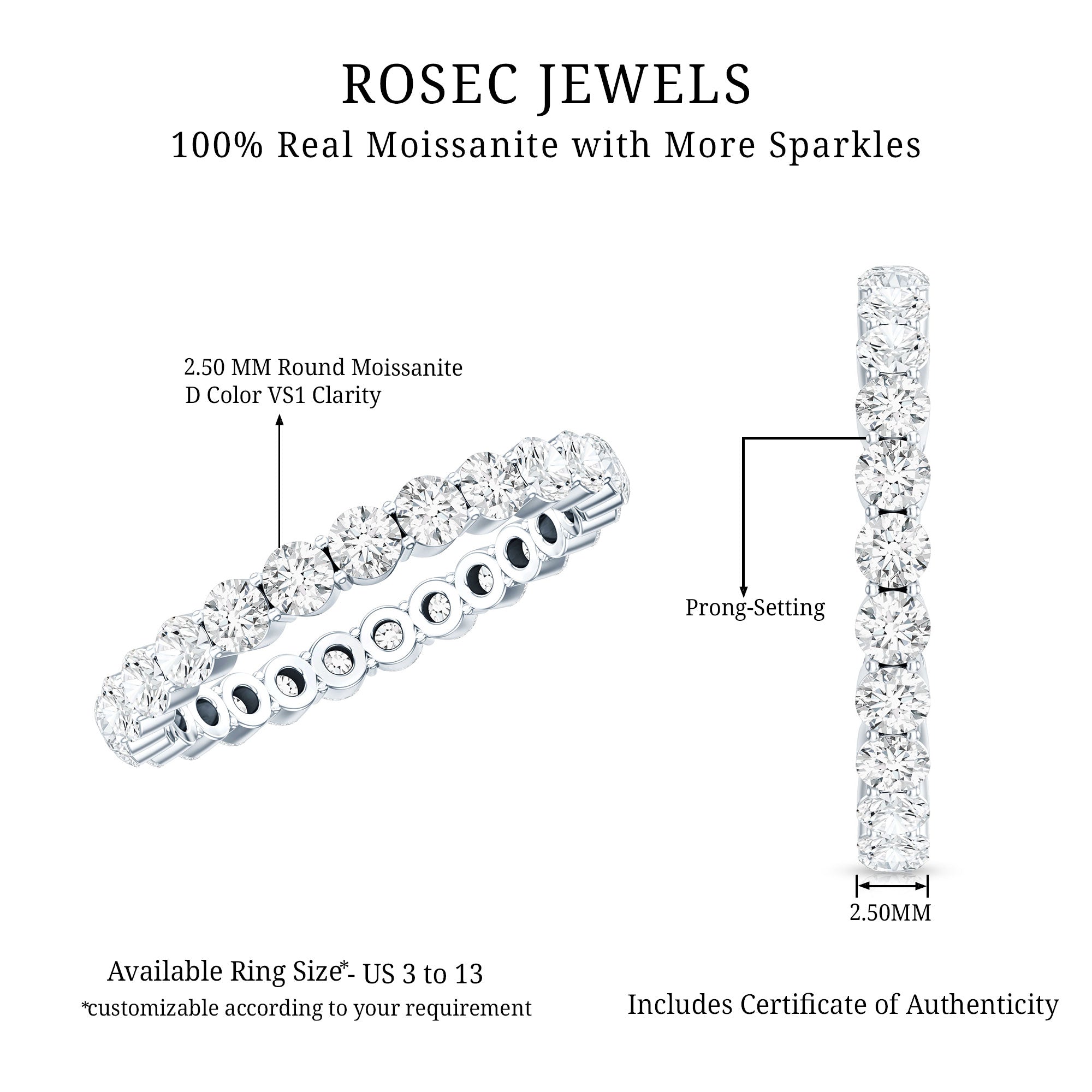Prong Set Moissanite Eternity Wedding Band Ring for Women D-VS1 - Rosec Jewels