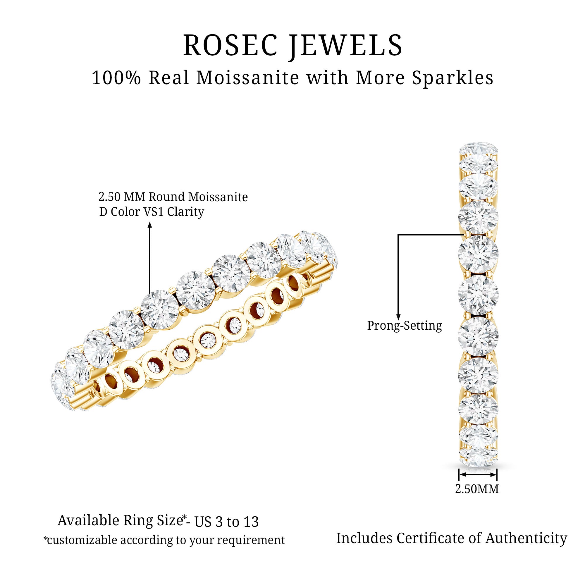 Prong Set Moissanite Eternity Wedding Band Ring for Women D-VS1 - Rosec Jewels