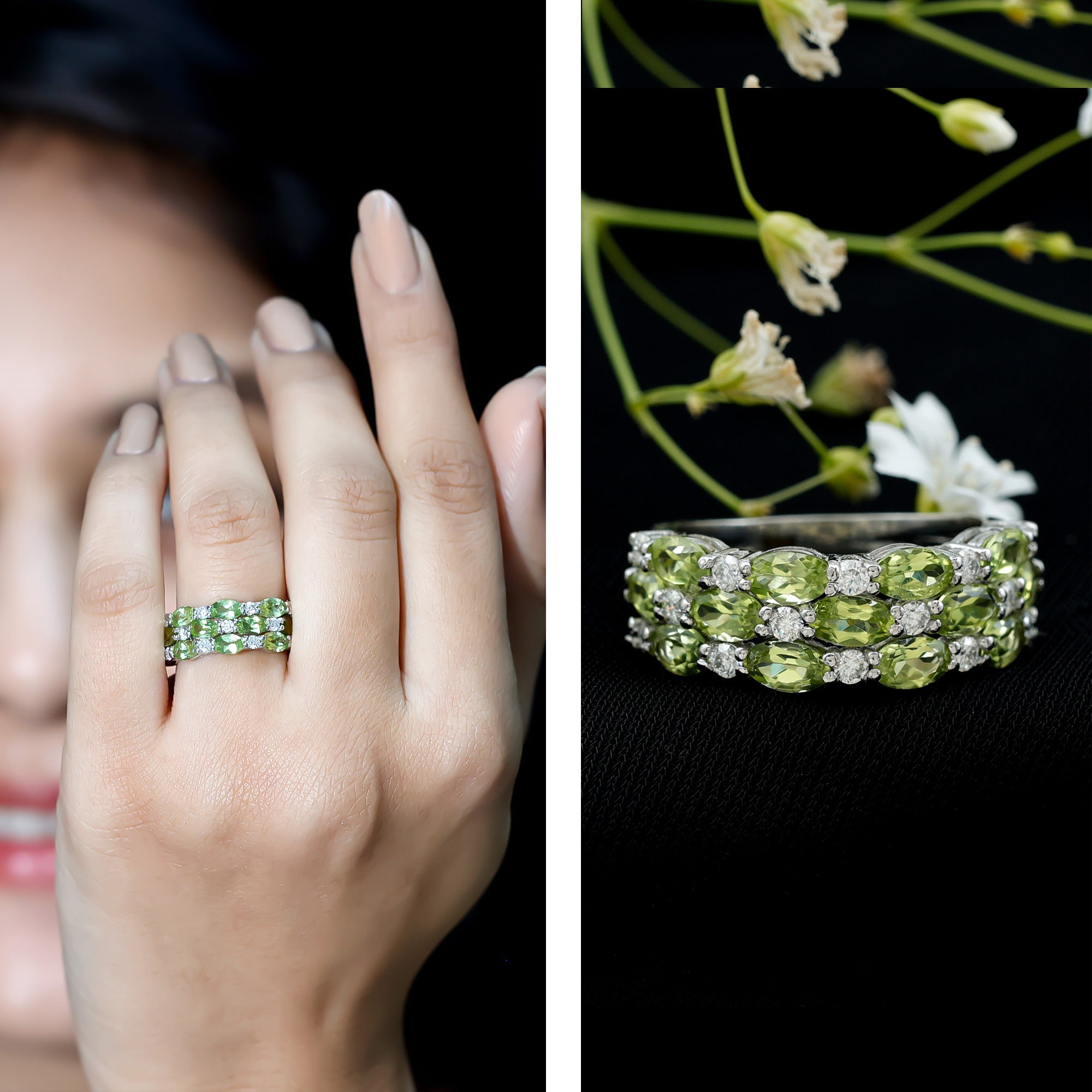 Certified Natural Peridot 3 Row Wedding Band with Diamond AAA - Rosec Jewels
