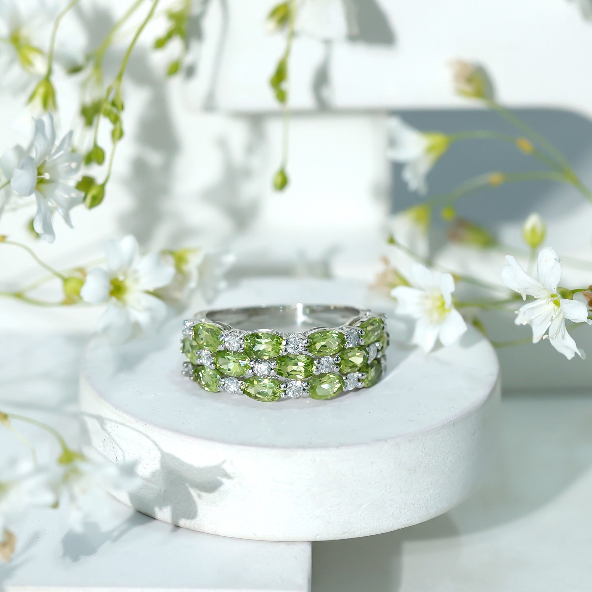 Certified Natural Peridot 3 Row Wedding Band with Diamond AAA - Rosec Jewels