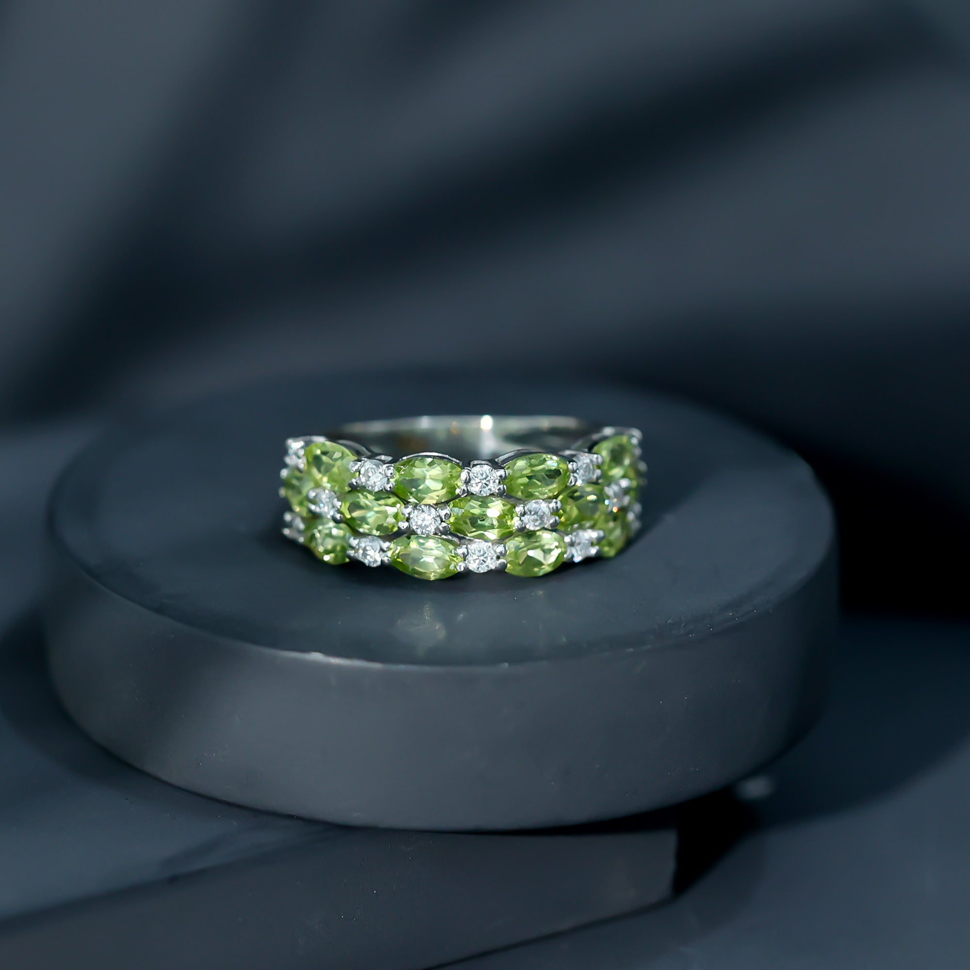 Certified Natural Peridot 3 Row Wedding Band with Diamond AAA - Rosec Jewels
