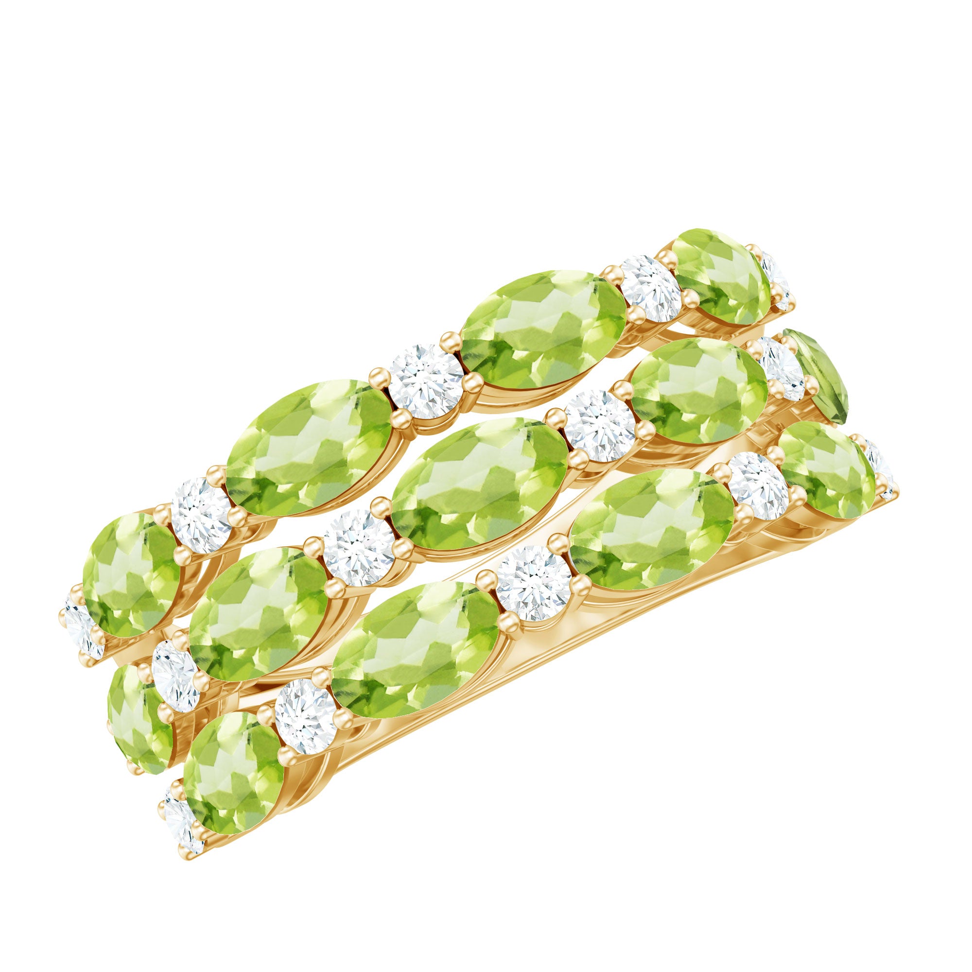 Certified Natural Peridot 3 Row Wedding Band with Diamond AAA - Rosec Jewels