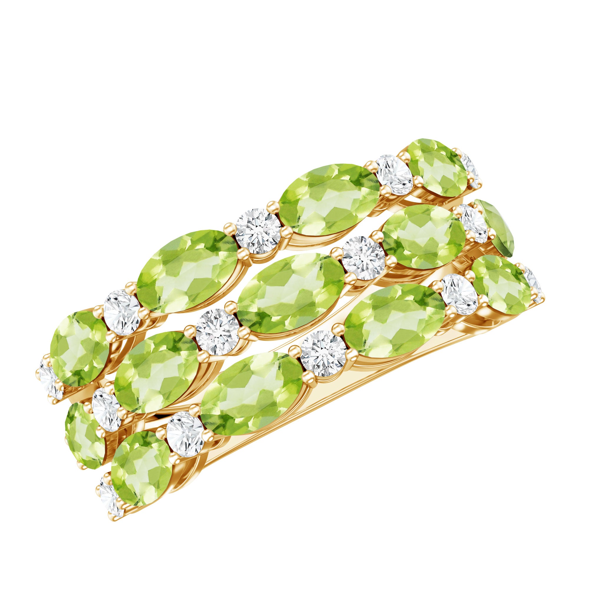 Certified Natural Peridot 3 Row Wedding Band with Diamond AAA - Rosec Jewels