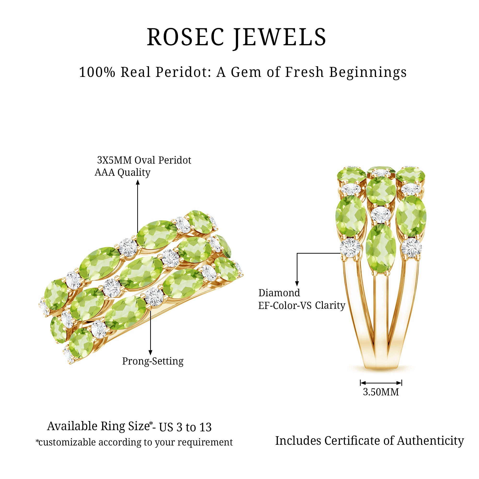 Certified Natural Peridot 3 Row Wedding Band with Diamond AAA - Rosec Jewels