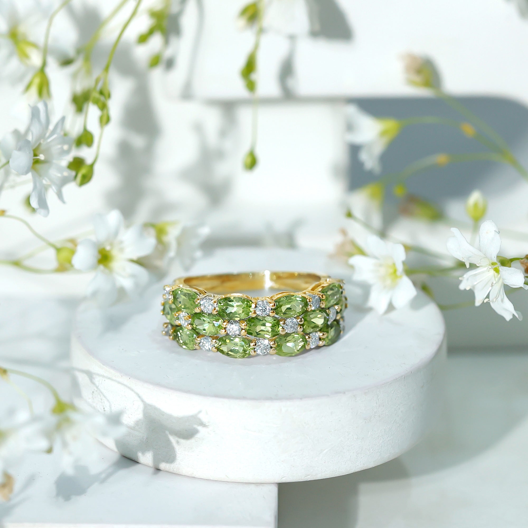 Certified Natural Peridot 3 Row Wedding Band with Diamond AAA - Rosec Jewels