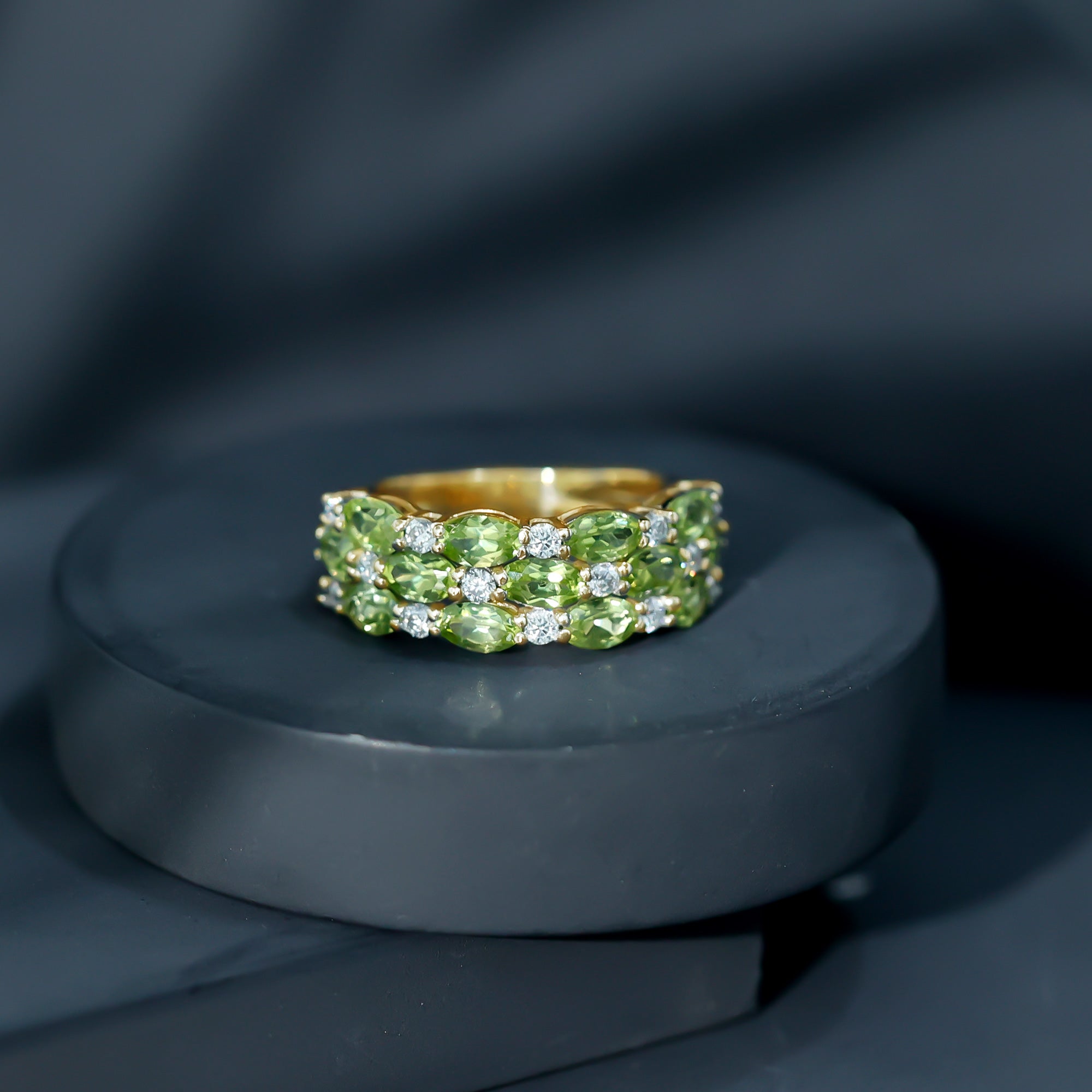 Certified Natural Peridot 3 Row Wedding Band with Diamond AAA - Rosec Jewels