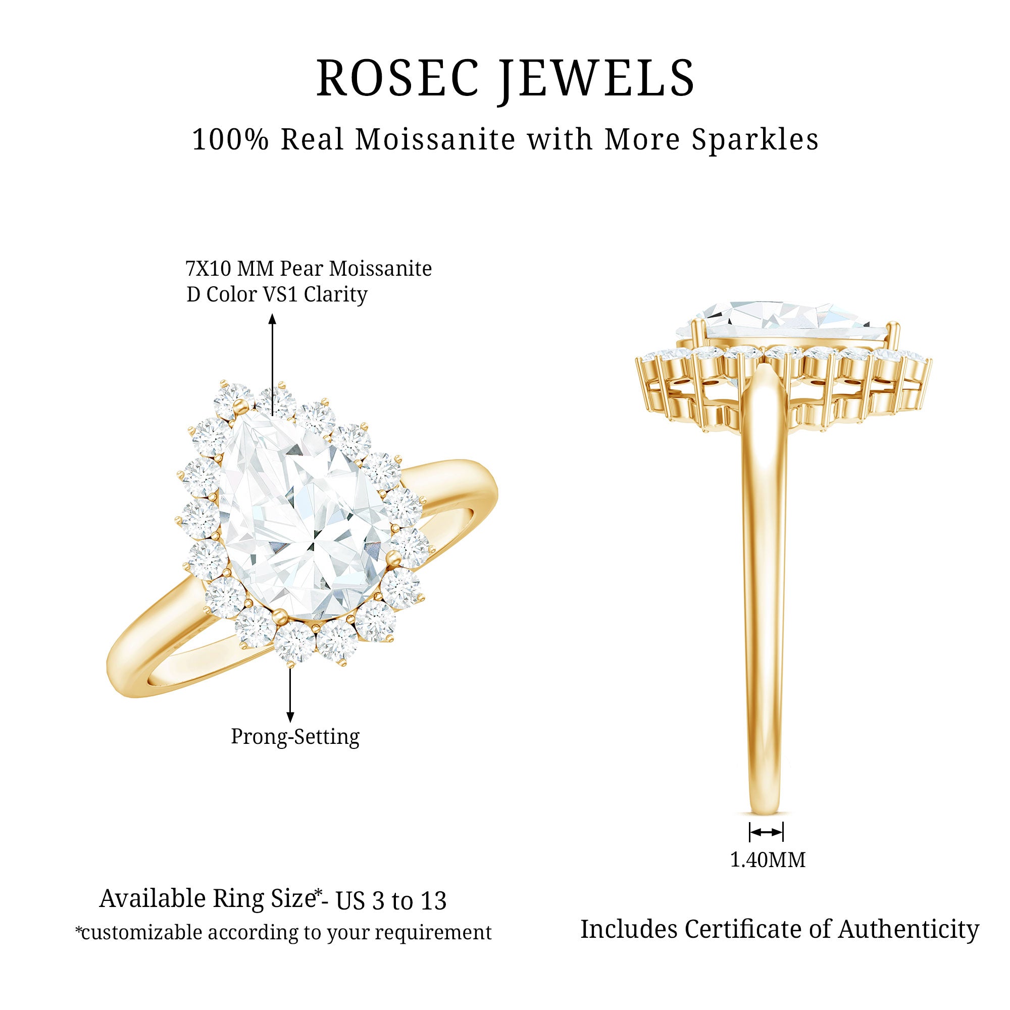 Certified Pear Cut Engagement Ring With Moissanite D-VS1 - Rosec Jewels