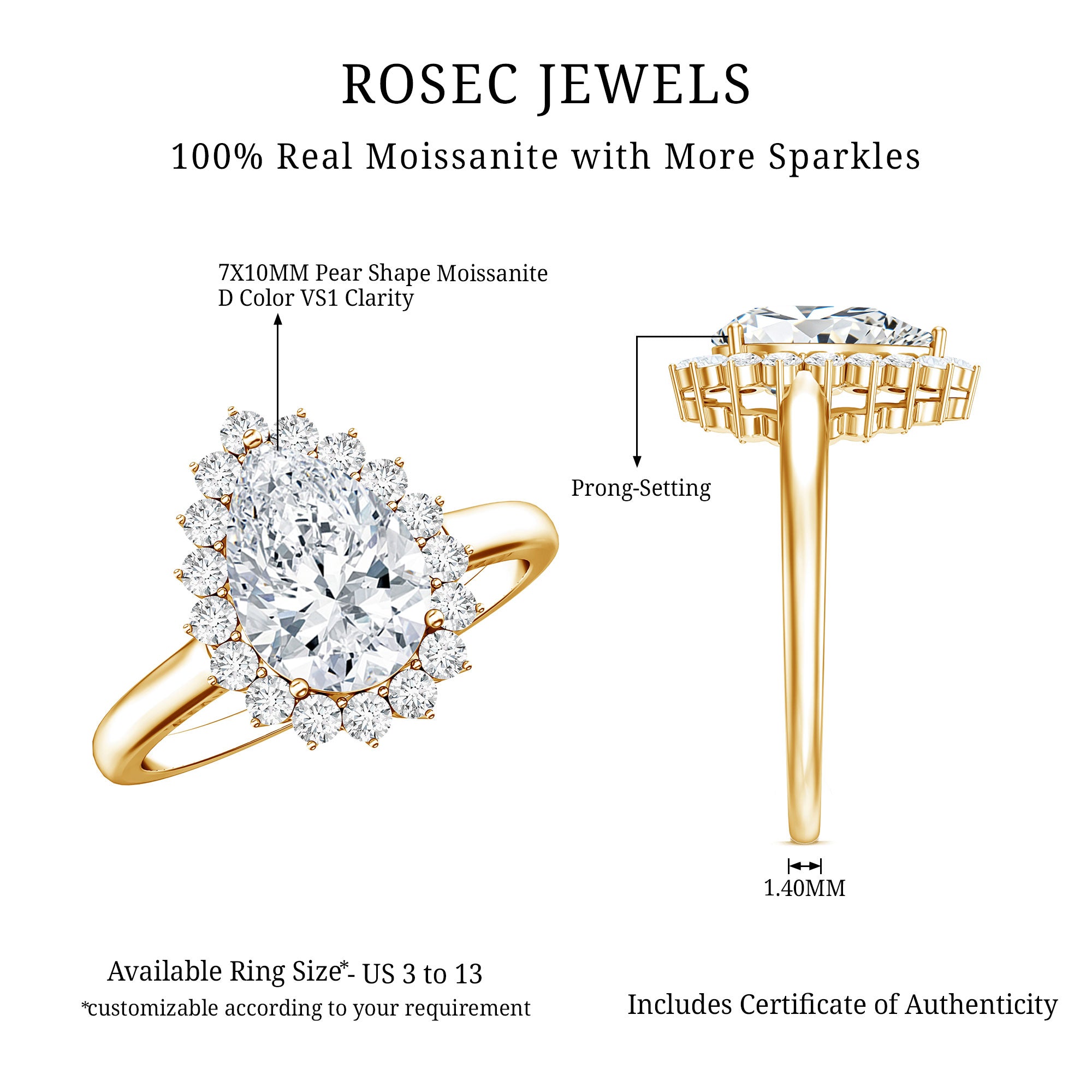 Certified Pear Cut Engagement Ring With Moissanite D-VS1 - Rosec Jewels