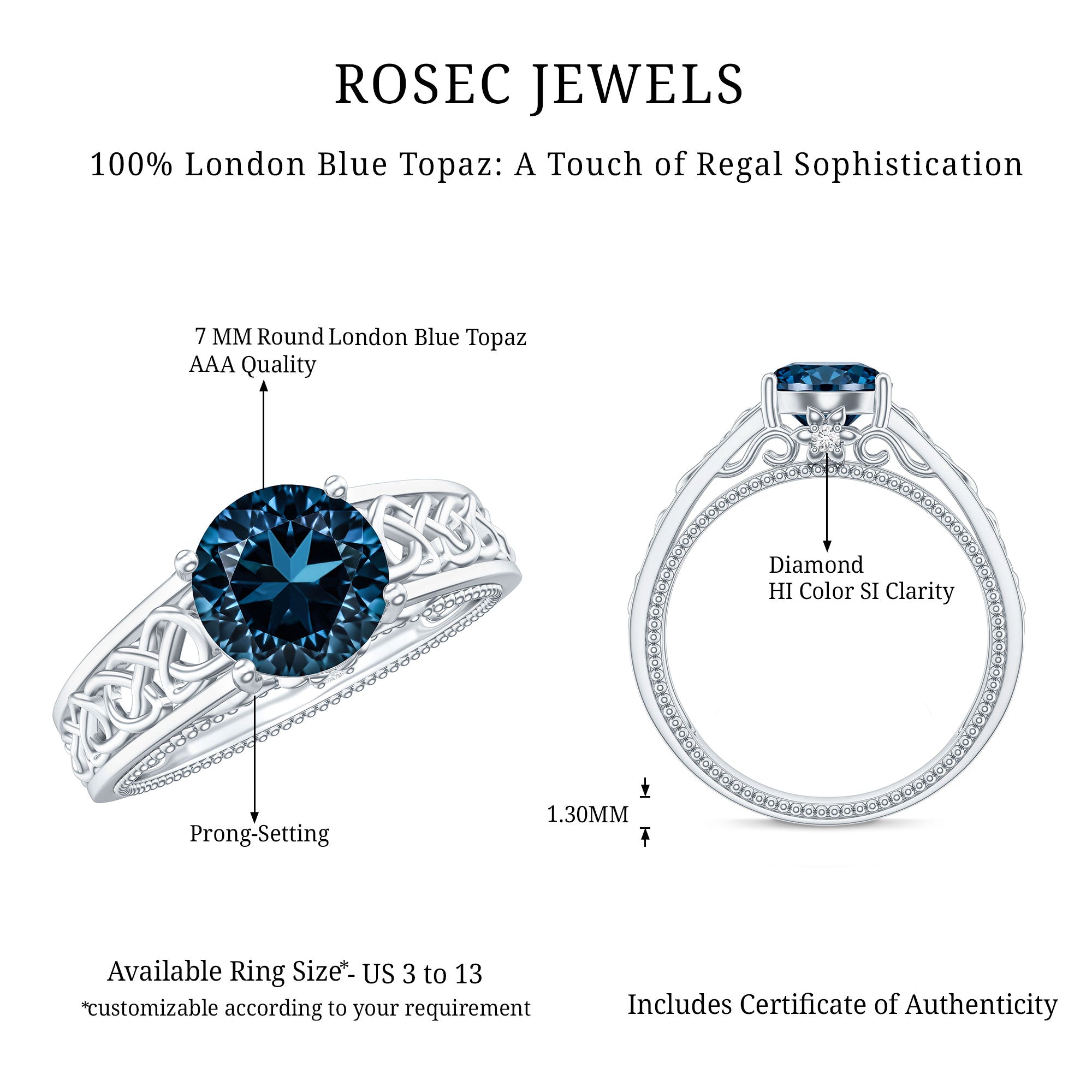1.35 Carat Round London Blue Topaz Vintage Engagement Ring with Celtic Style Band AAA - Rosec Jewels