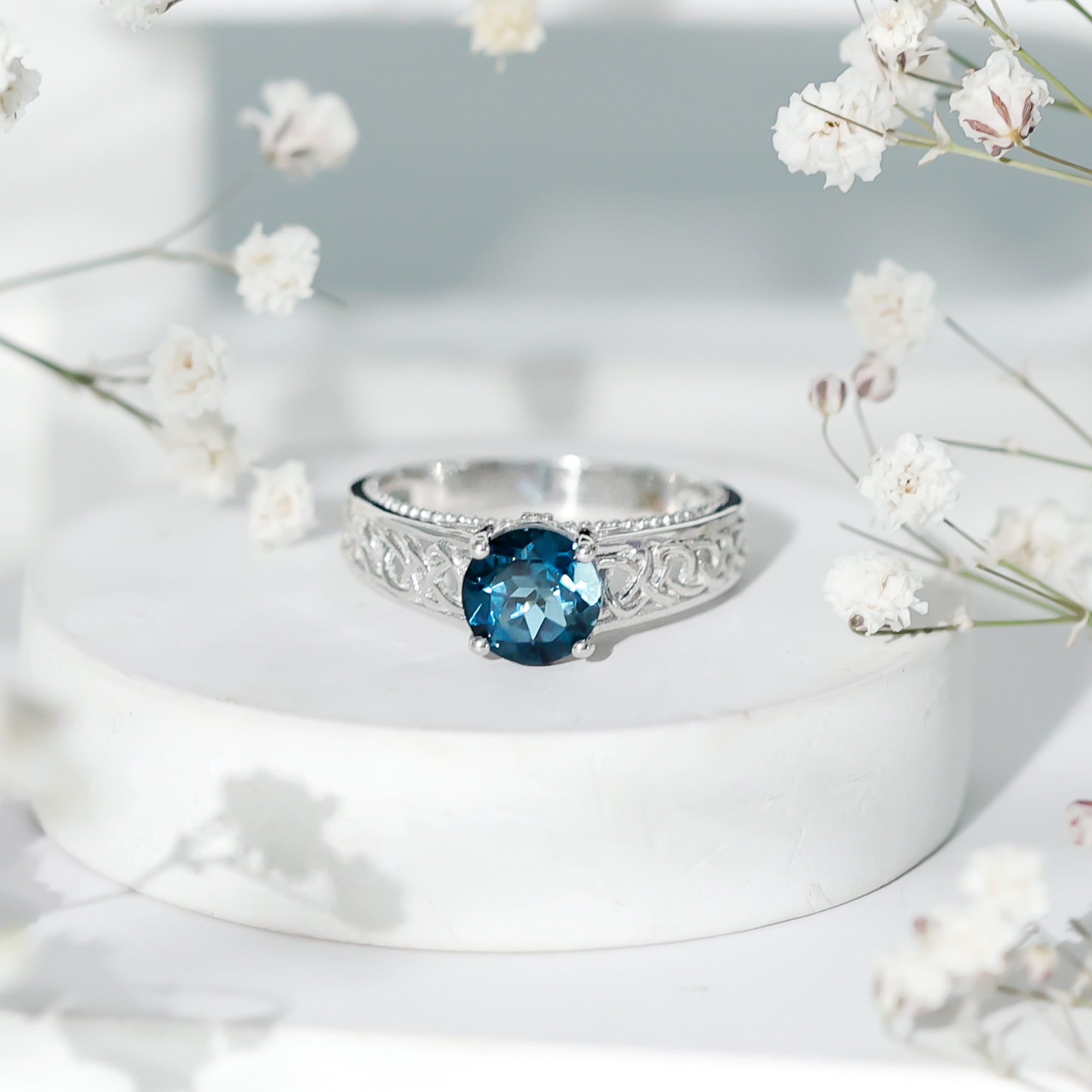 1.35 Carat Round London Blue Topaz Vintage Engagement Ring with Celtic Style Band AAA - Rosec Jewels