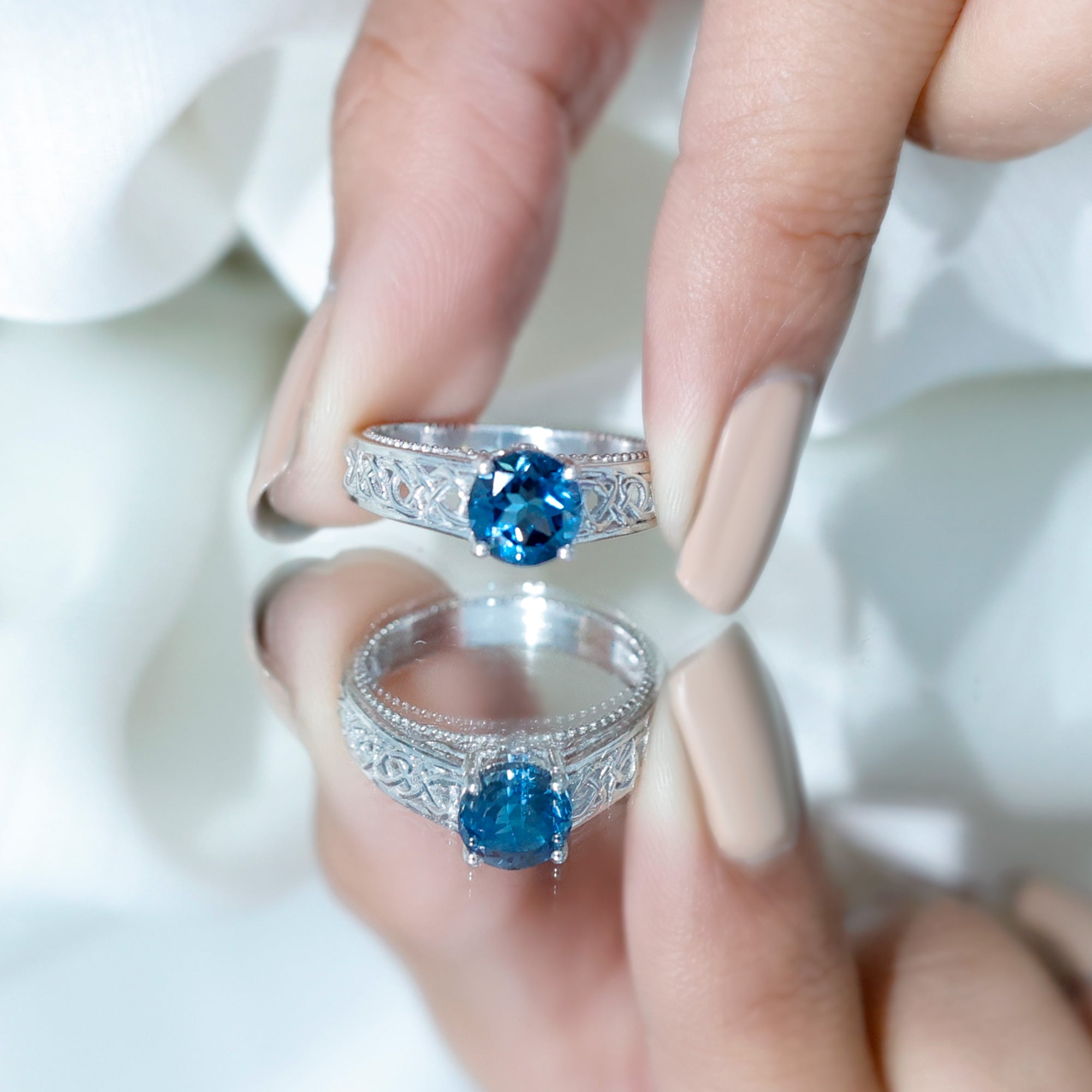 1.35 Carat Round London Blue Topaz Vintage Engagement Ring with Celtic Style Band AAA - Rosec Jewels
