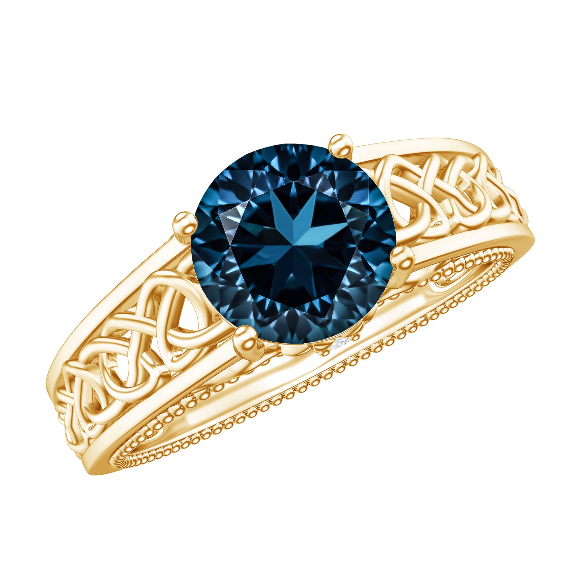 1.35 Carat Round London Blue Topaz Vintage Engagement Ring with Celtic Style Band AAA - Rosec Jewels