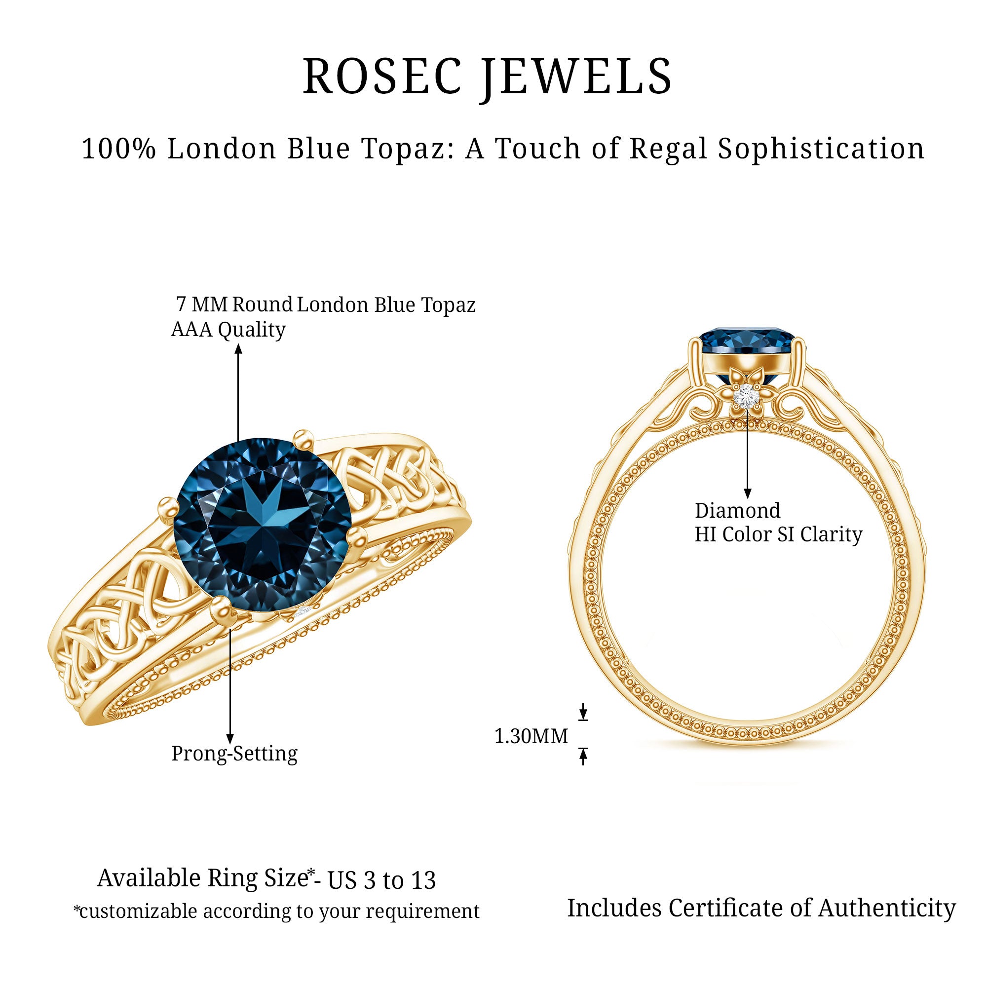 1.35 Carat Round London Blue Topaz Vintage Engagement Ring with Celtic Style Band AAA - Rosec Jewels