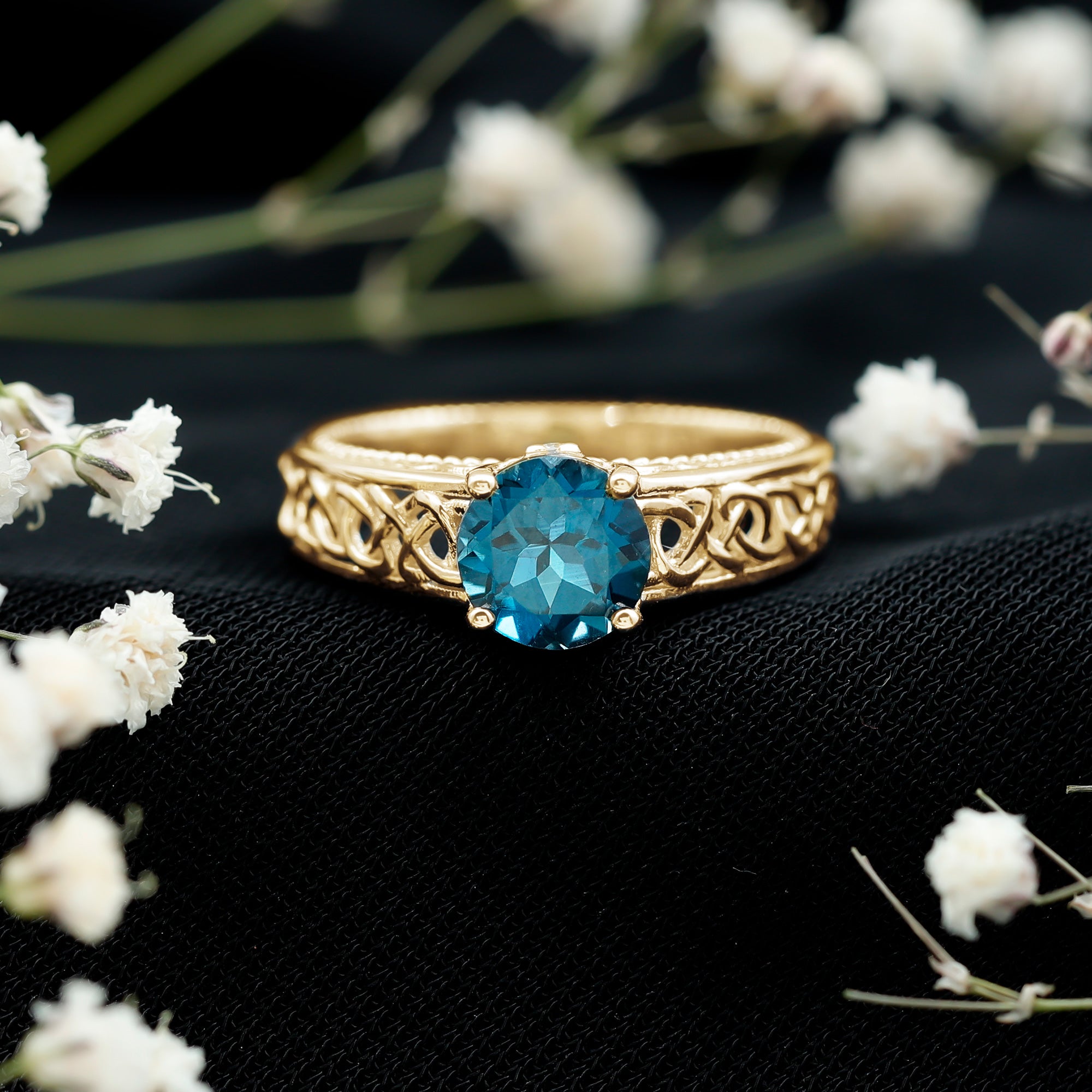 1.35 Carat Round London Blue Topaz Vintage Engagement Ring with Celtic Style Band AAA - Rosec Jewels