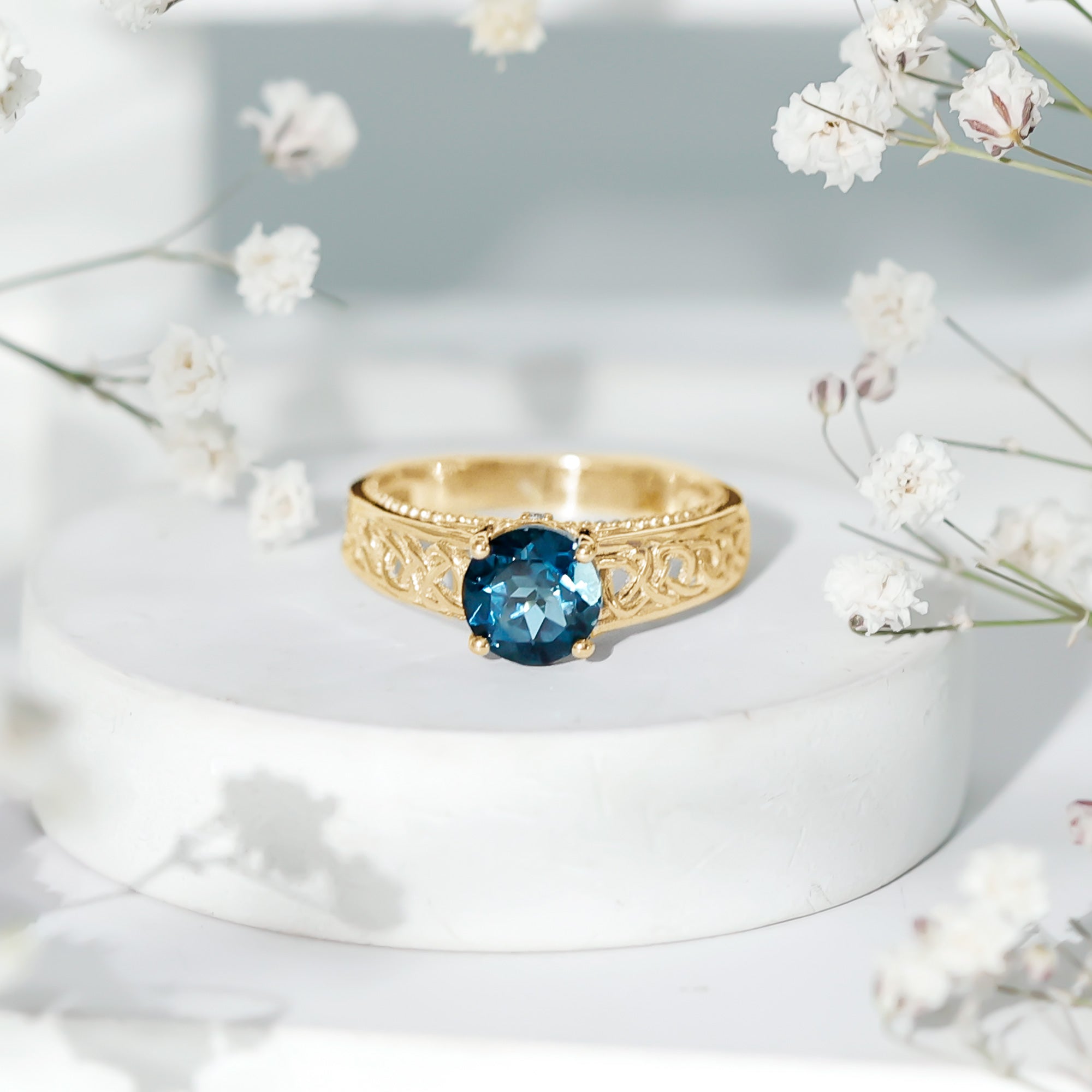 7mm Round London Blue Topaz Vintage Engagement Ring with Celtic Style Band AAA - Rosec Jewels