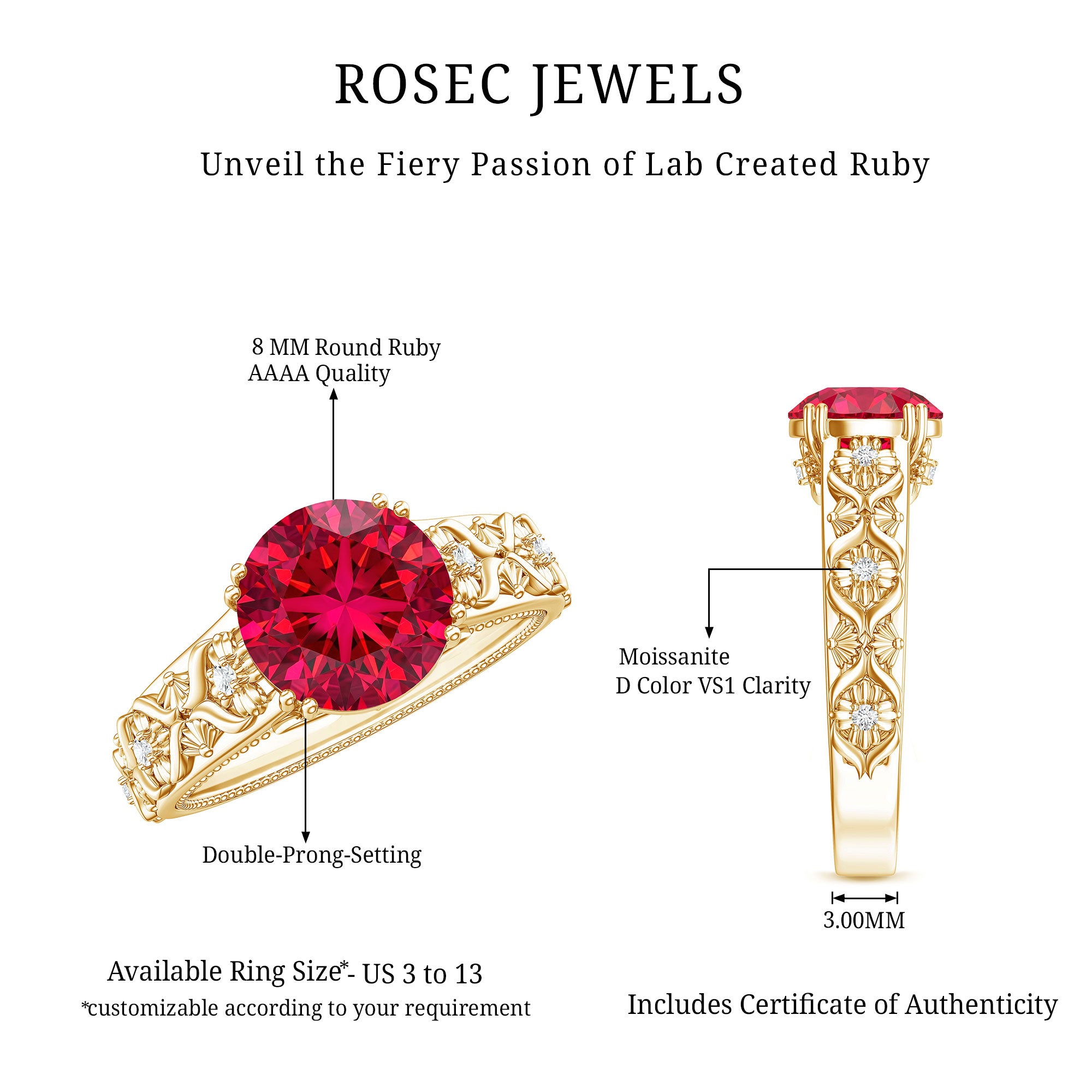 Vintage Inspired Lab Created Ruby Solitaire Engagement Ring AAAA - Rosec Jewels