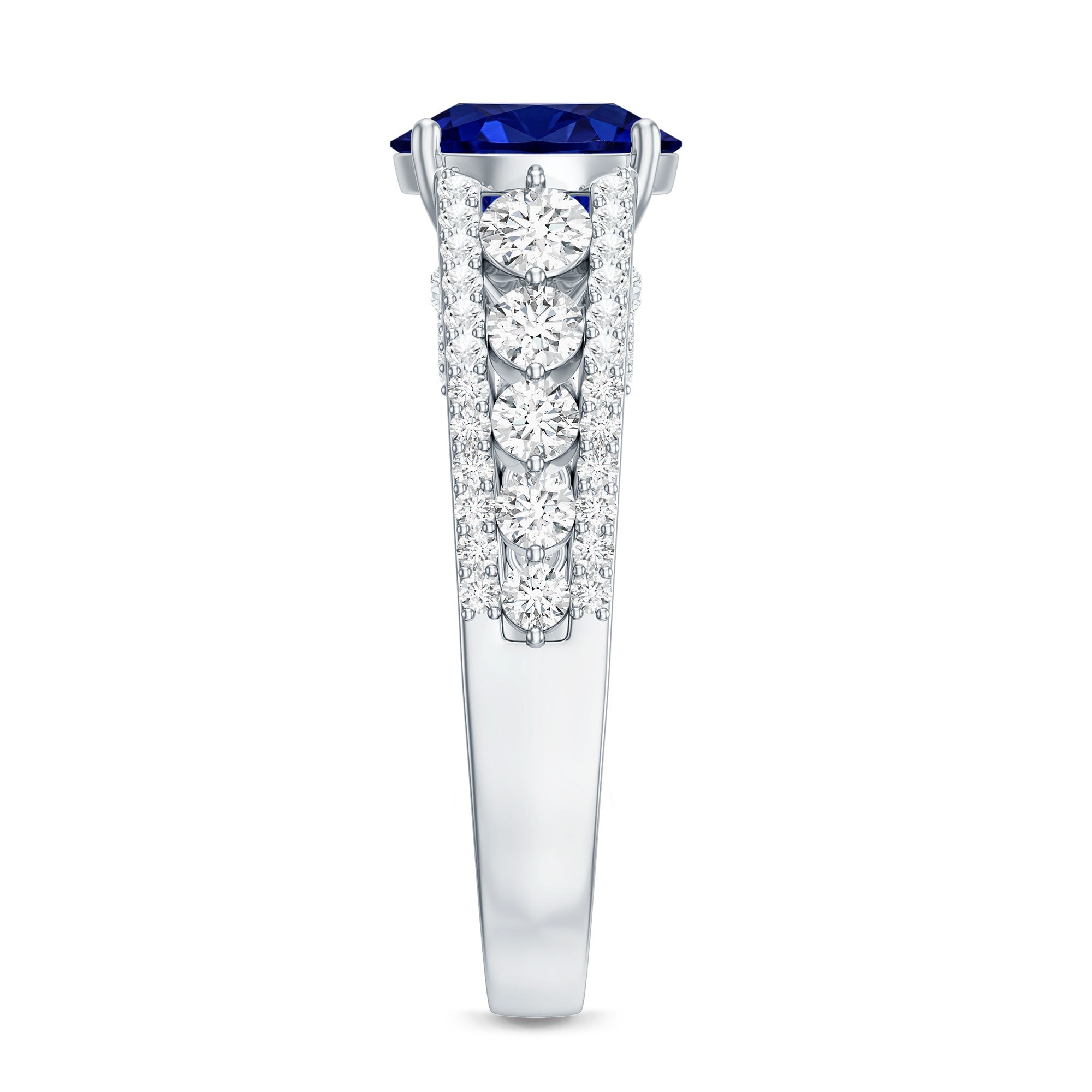 Solitaire Created Blue Sapphire Statement Engagement Ring with Moissanite AAAA - Rosec Jewels
