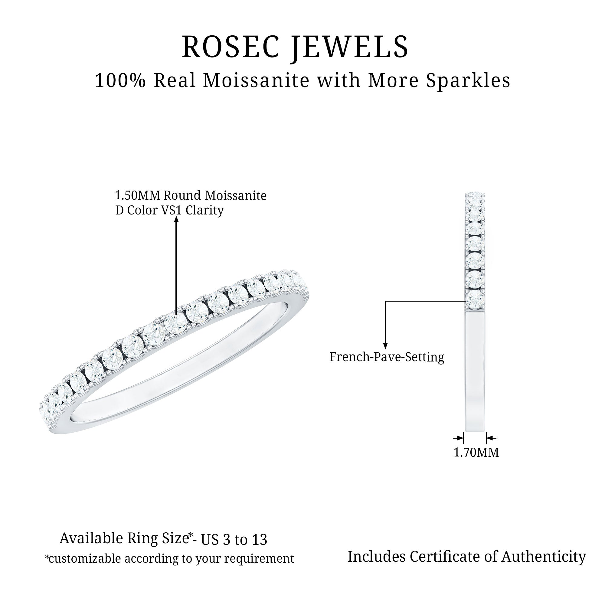 Certified Moissanite Simple Half Eternity Ring D-VS1 - Rosec Jewels