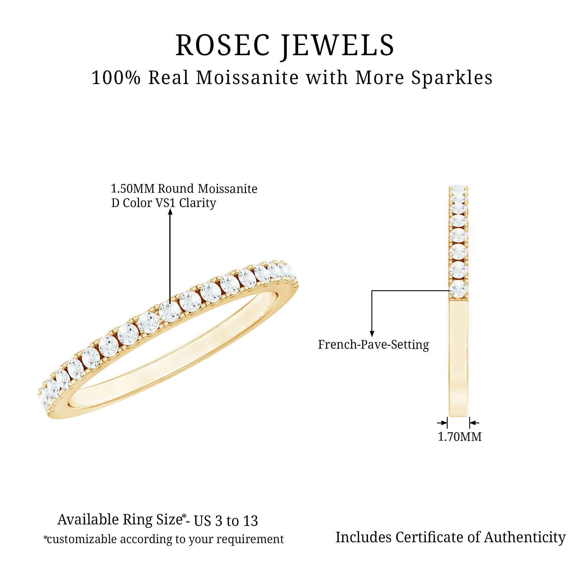 Certified Moissanite Simple Half Eternity Ring D-VS1 - Rosec Jewels