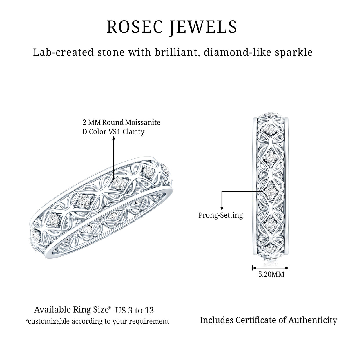 Moissanite Celtic Knot Wedding Band Ring D-VS1 - Rosec Jewels