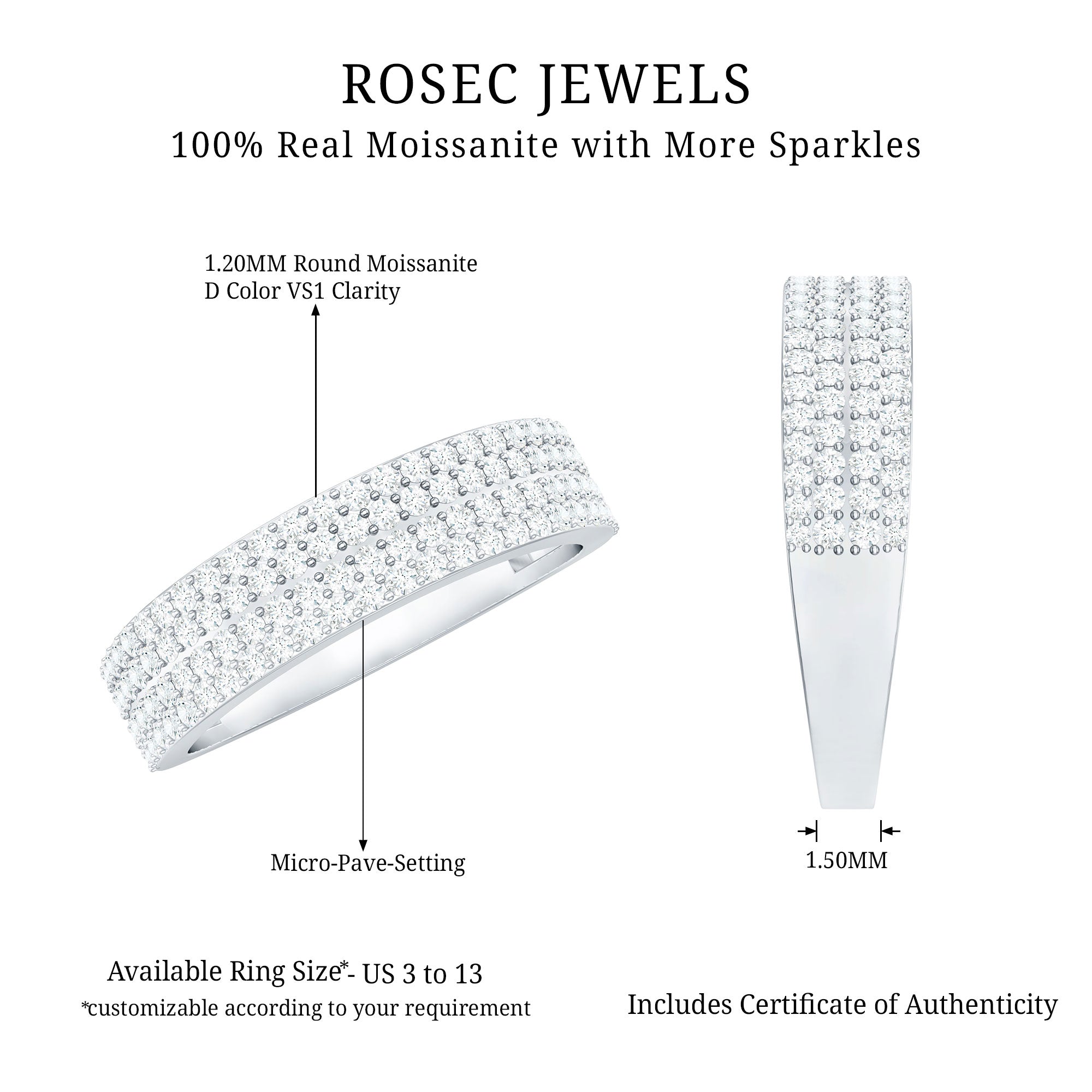 Thick Moissanite Half Eternity Wedding Band D-VS1 - Rosec Jewels