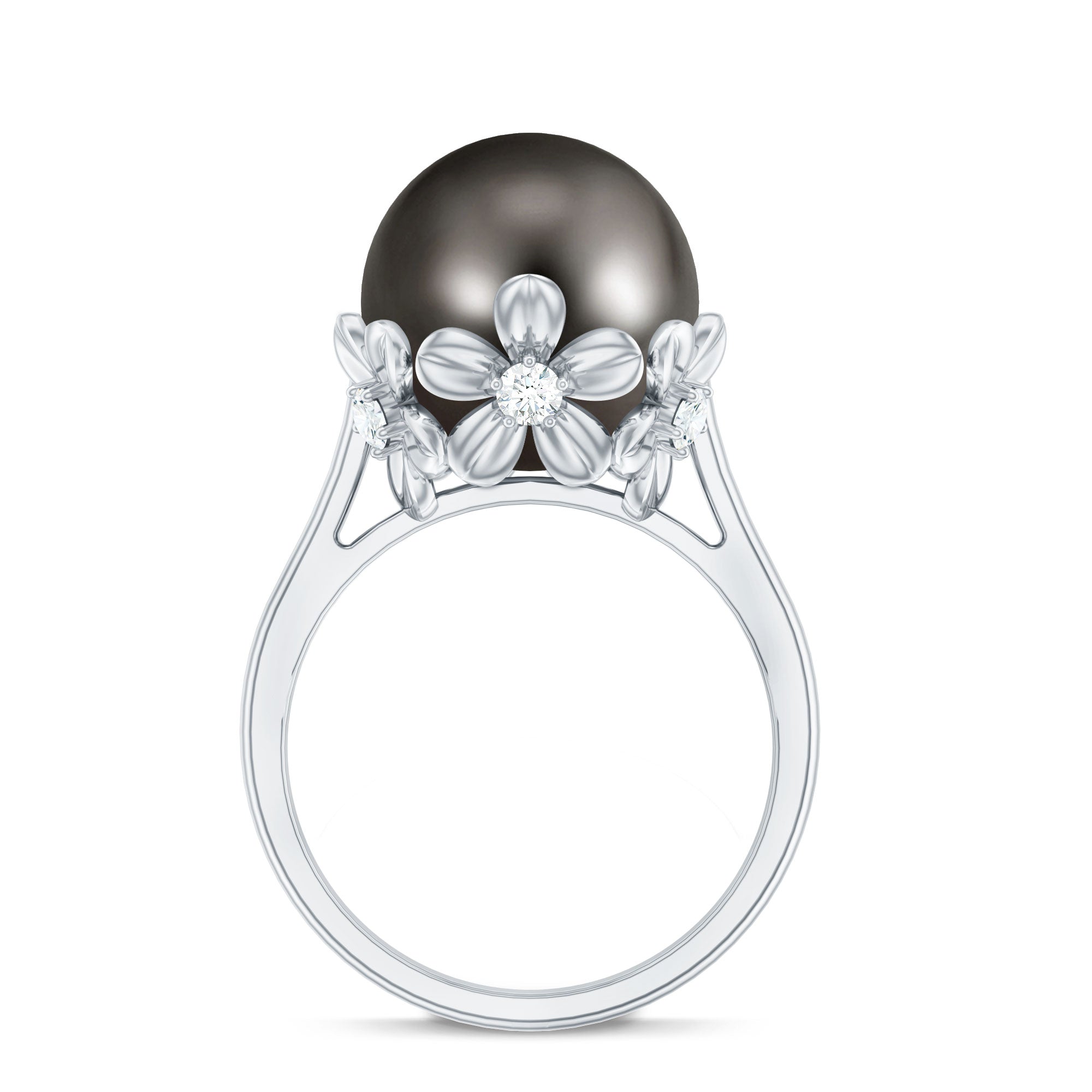 10MM Solitaire Tahitian Black Pearl Engagement Ring with Floral Setting AAA - Rosec Jewels