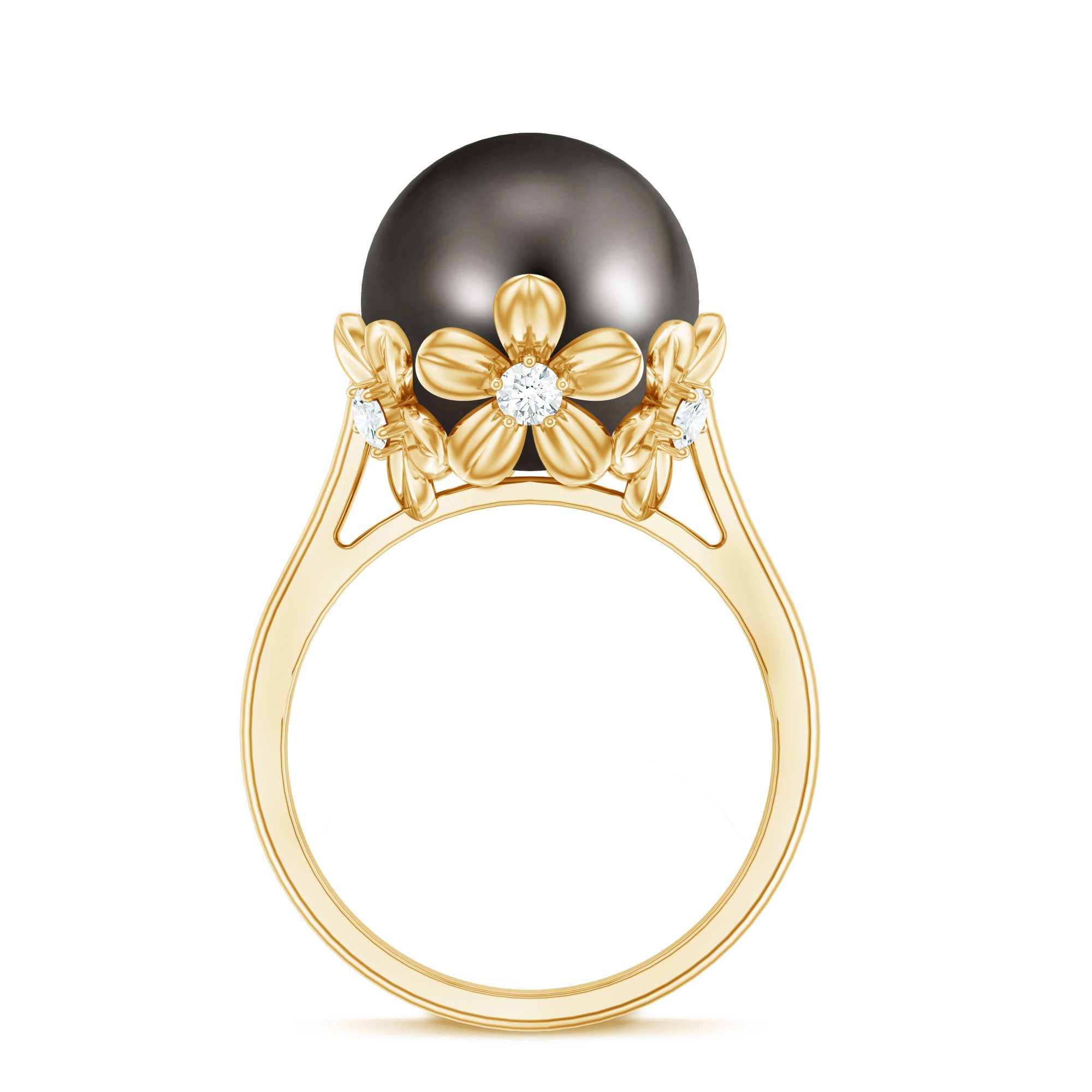 10MM Solitaire Tahitian Black Pearl Engagement Ring with Floral Setting AAA - Rosec Jewels