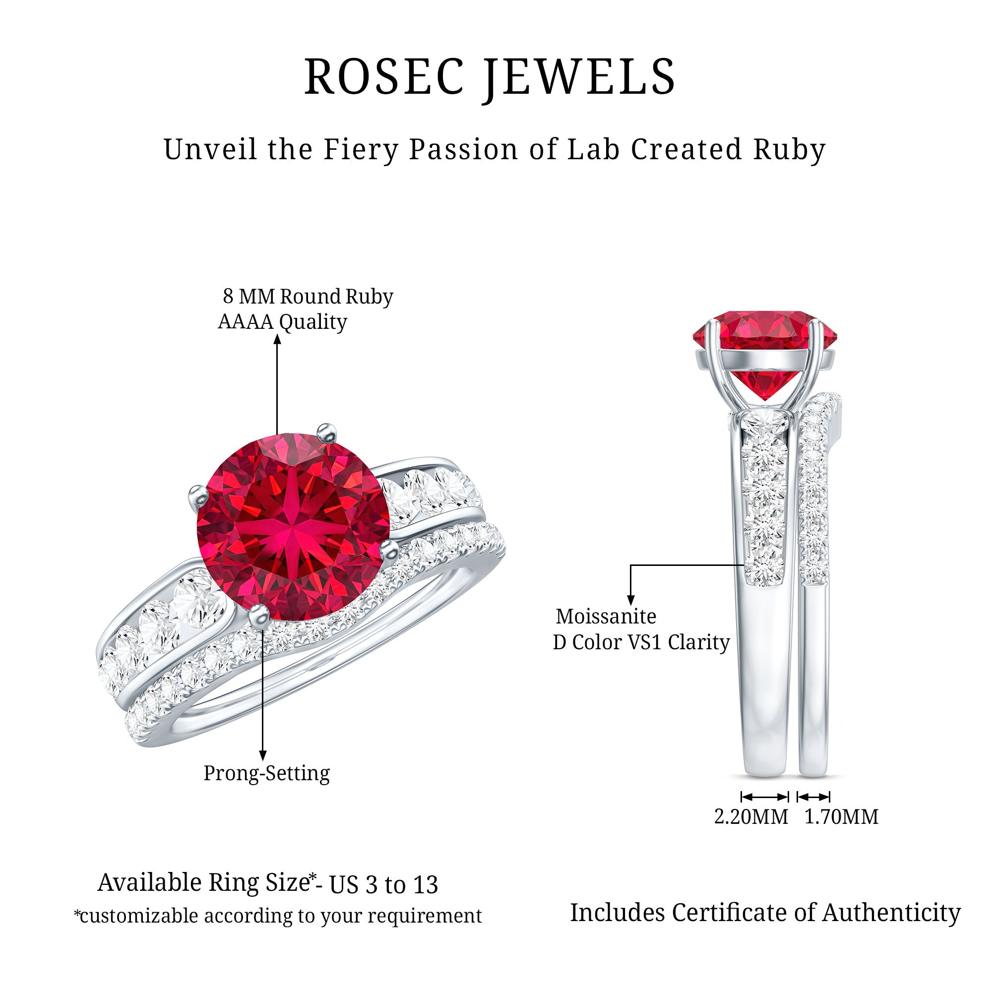 Certified Lab Grown Ruby and Moissanite Wedding Ring Set For Her AAAA - Rosec Jewels