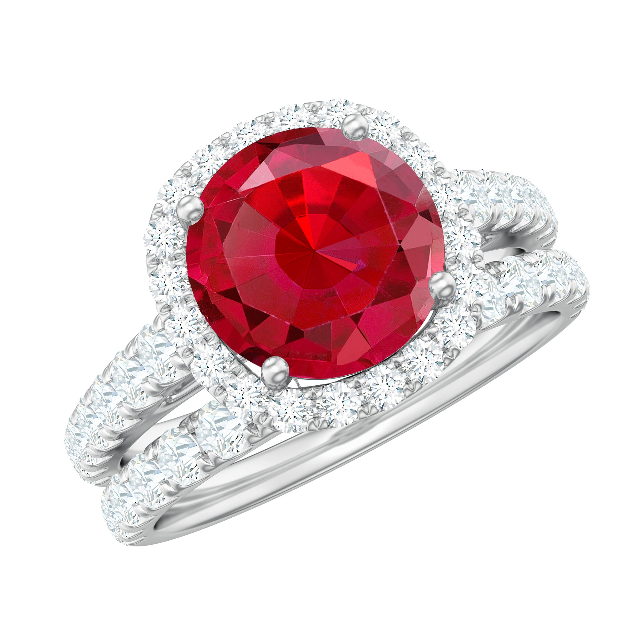 Lab Created Ruby Halo Engagement Ring with Moissanite Enhancer Ring