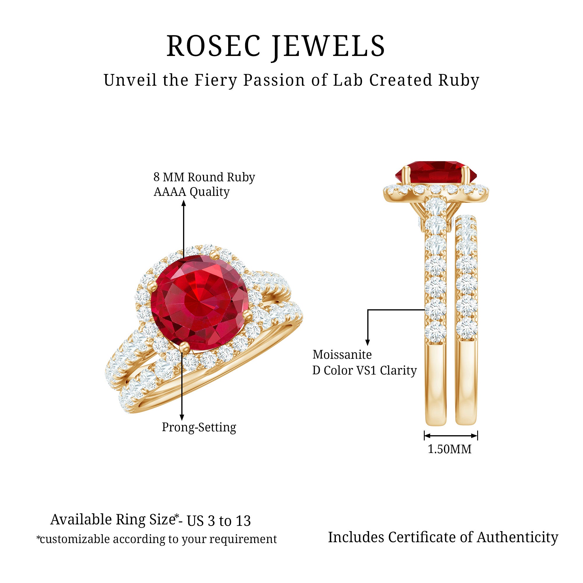 Lab Created Ruby Halo Engagement Ring with Moissanite Enhancer Ring AAAA - Rosec Jewels