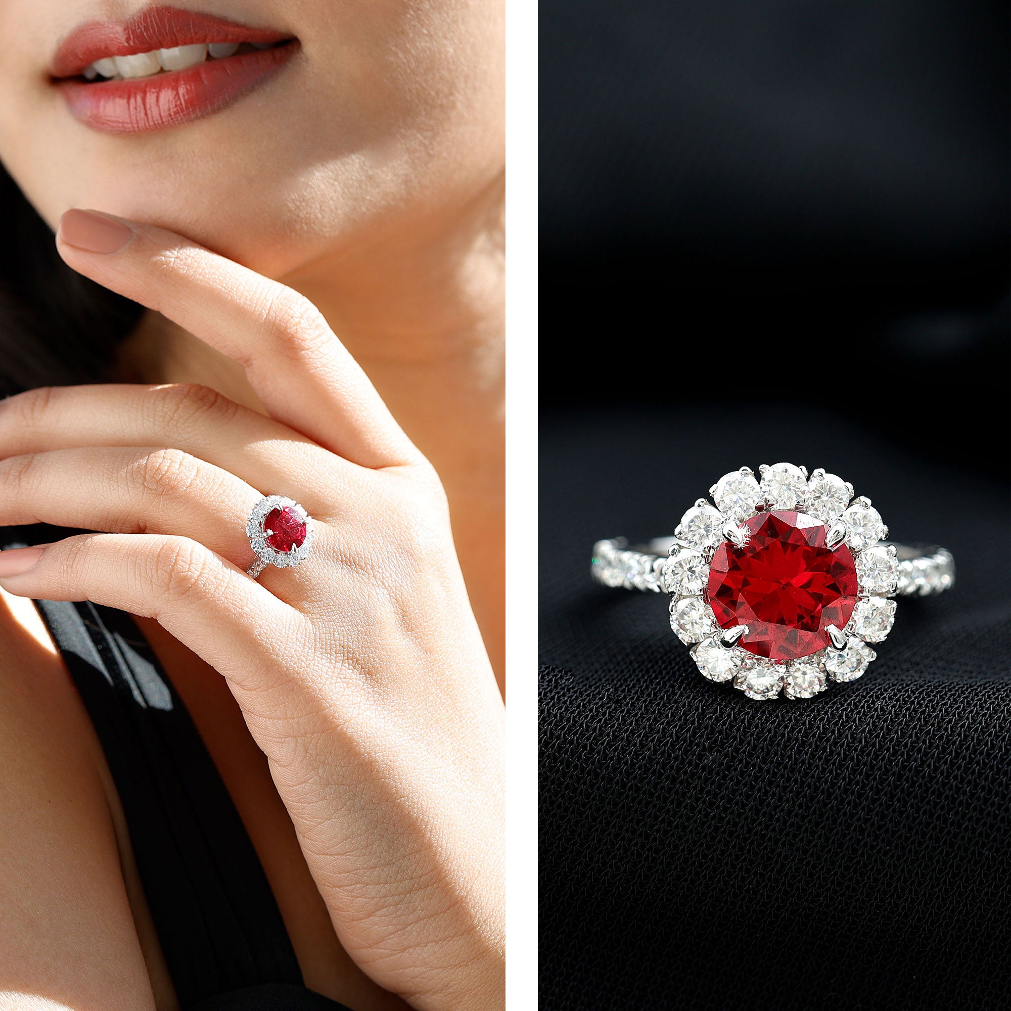 Round Lab Created Ruby and Moissanite Halo Engagement Ring AAAA - Rosec Jewels