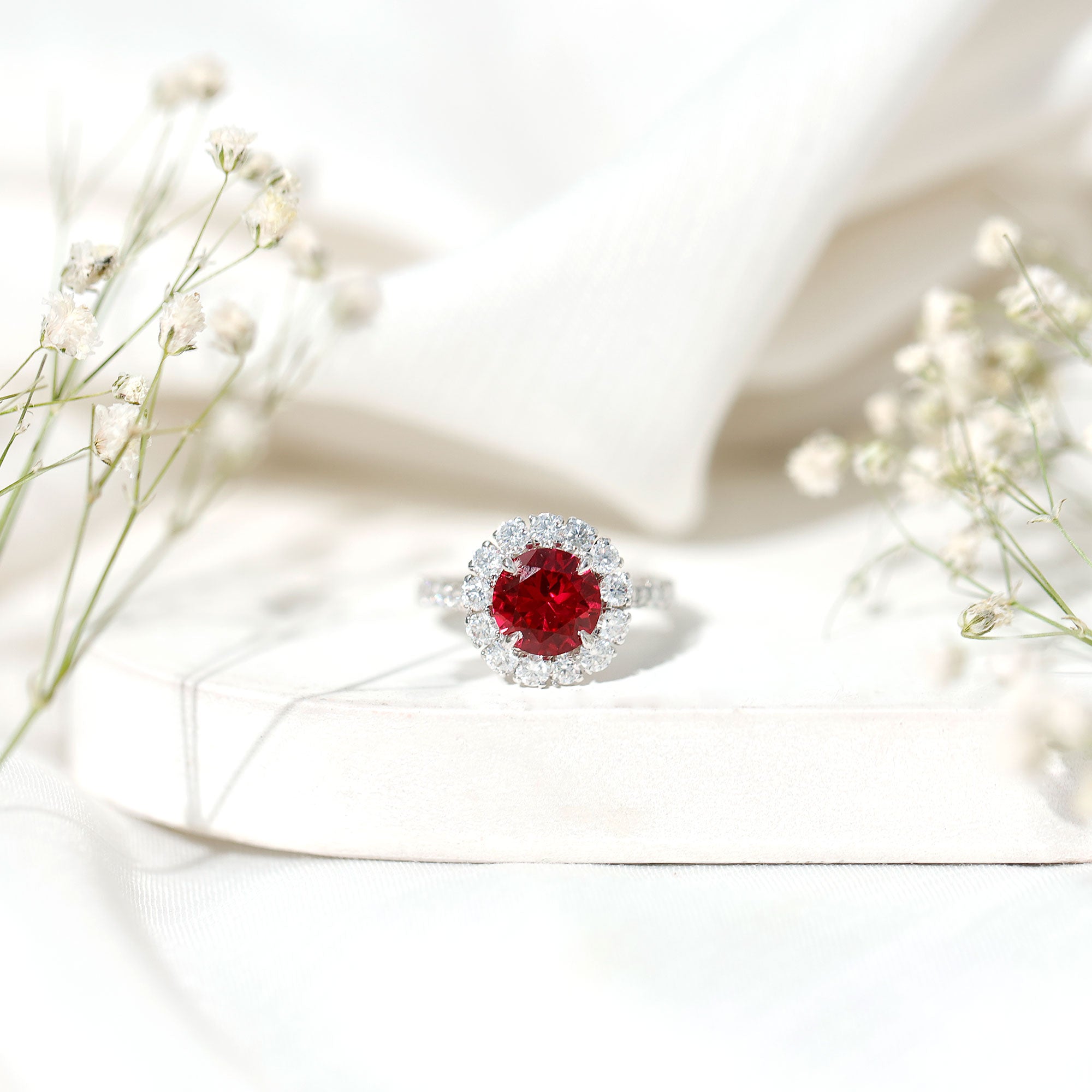 Round Lab Created Ruby and Moissanite Halo Engagement Ring AAAA - Rosec Jewels