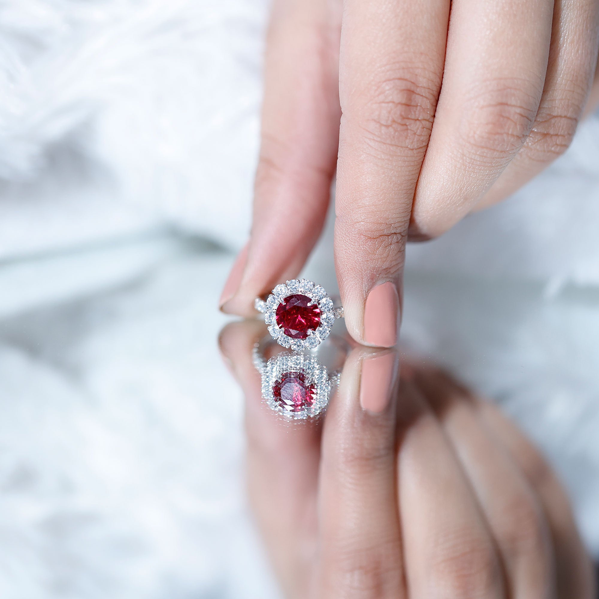 Round Lab Created Ruby and Moissanite Halo Engagement Ring AAAA - Rosec Jewels