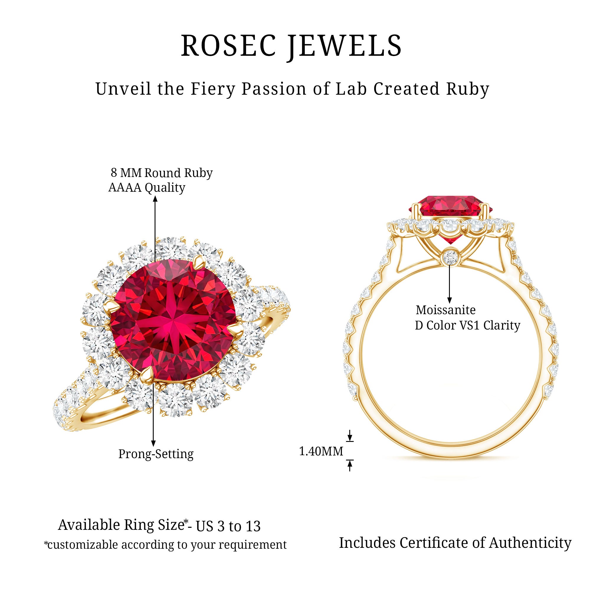 Round Lab Created Ruby and Moissanite Halo Engagement Ring AAAA - Rosec Jewels
