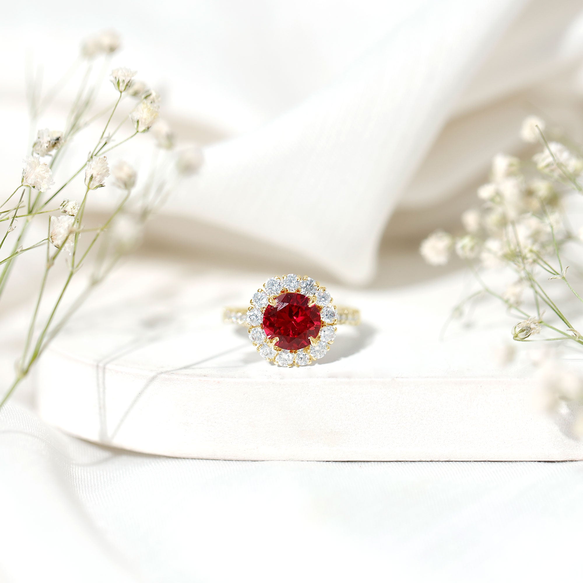 Rosec Jewels-Round Lab Created Ruby and Moissanite Halo Engagement Ring