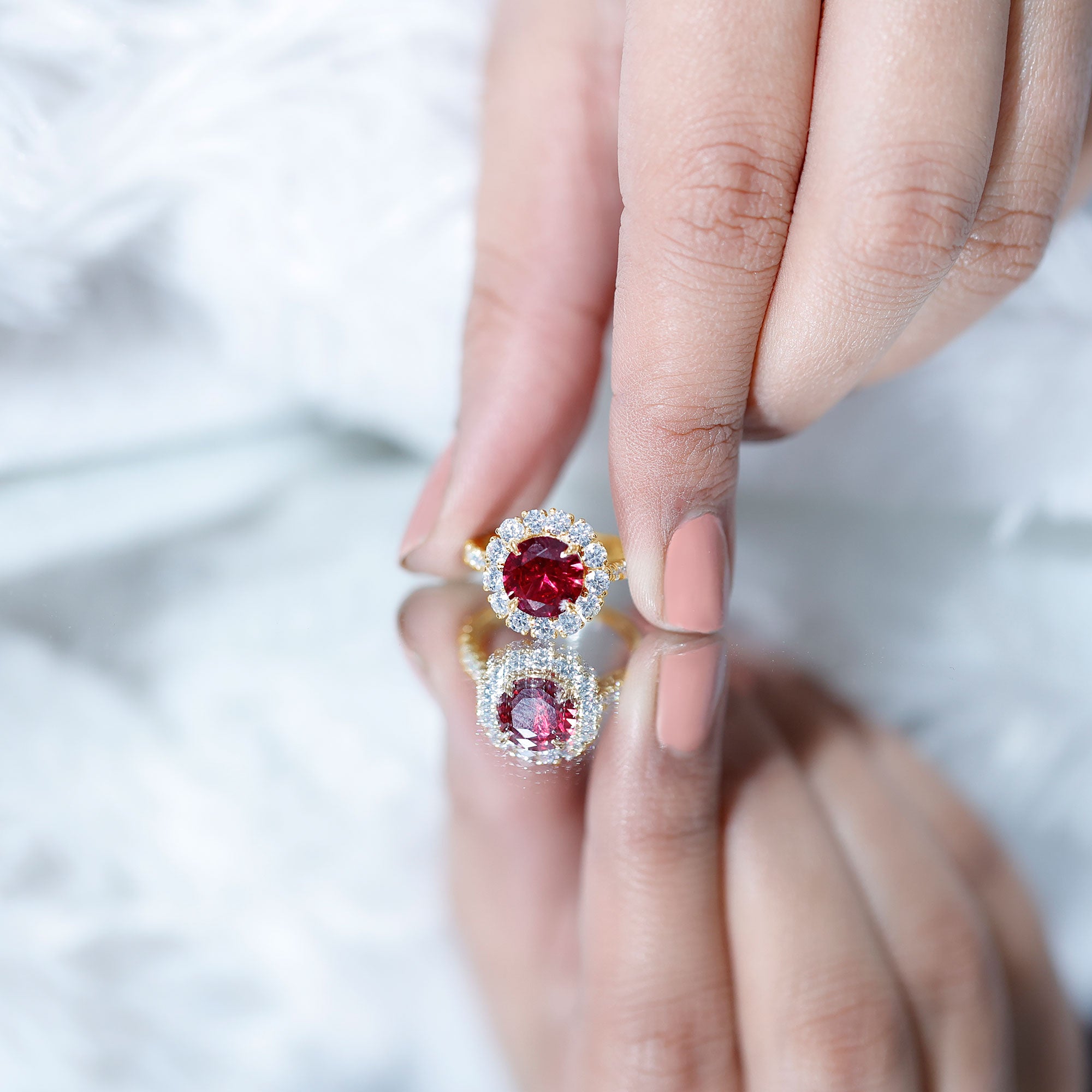 Round Lab Created Ruby and Moissanite Halo Engagement Ring AAAA - Rosec Jewels