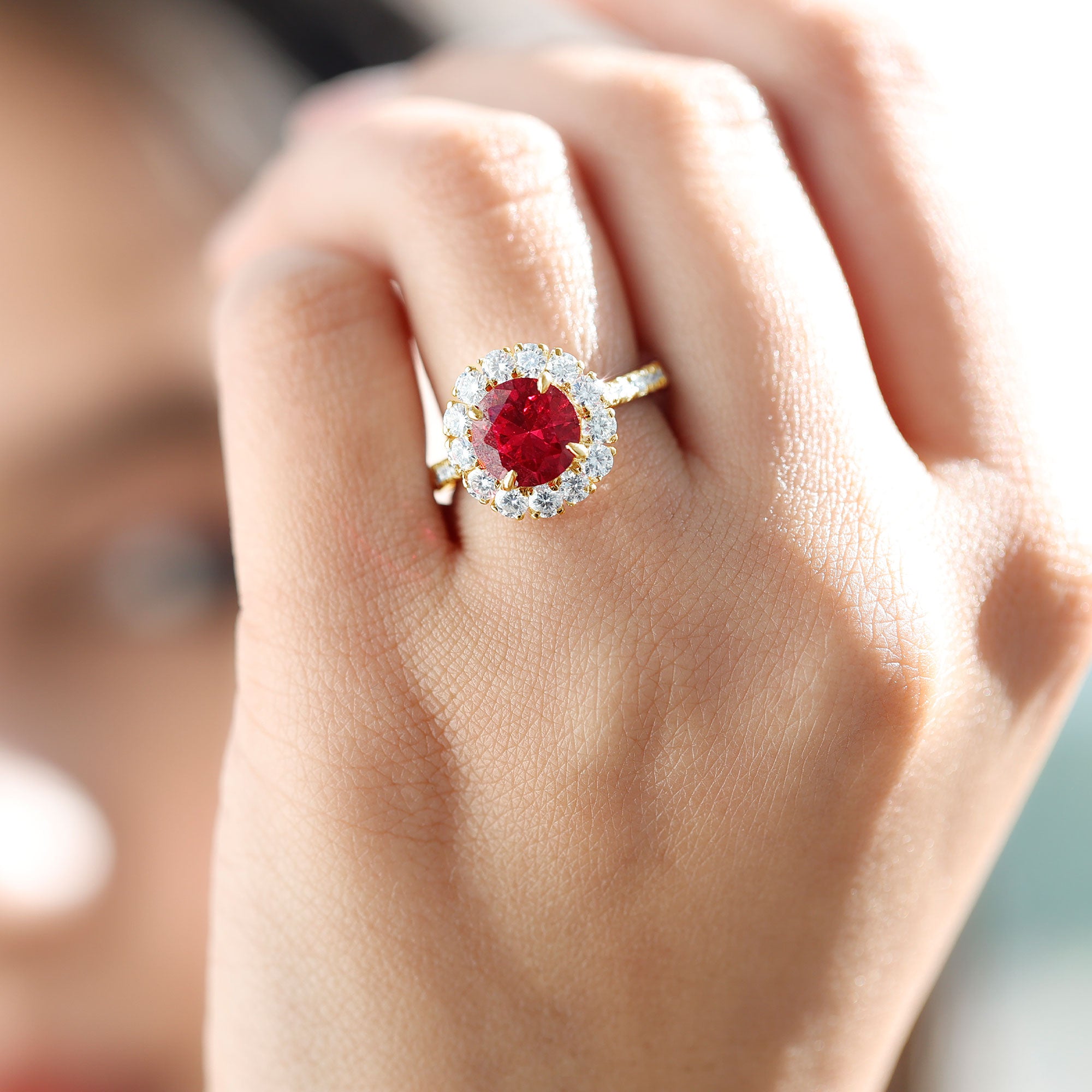 Round Lab Created Ruby and Moissanite Halo Engagement Ring AAAA - Rosec Jewels