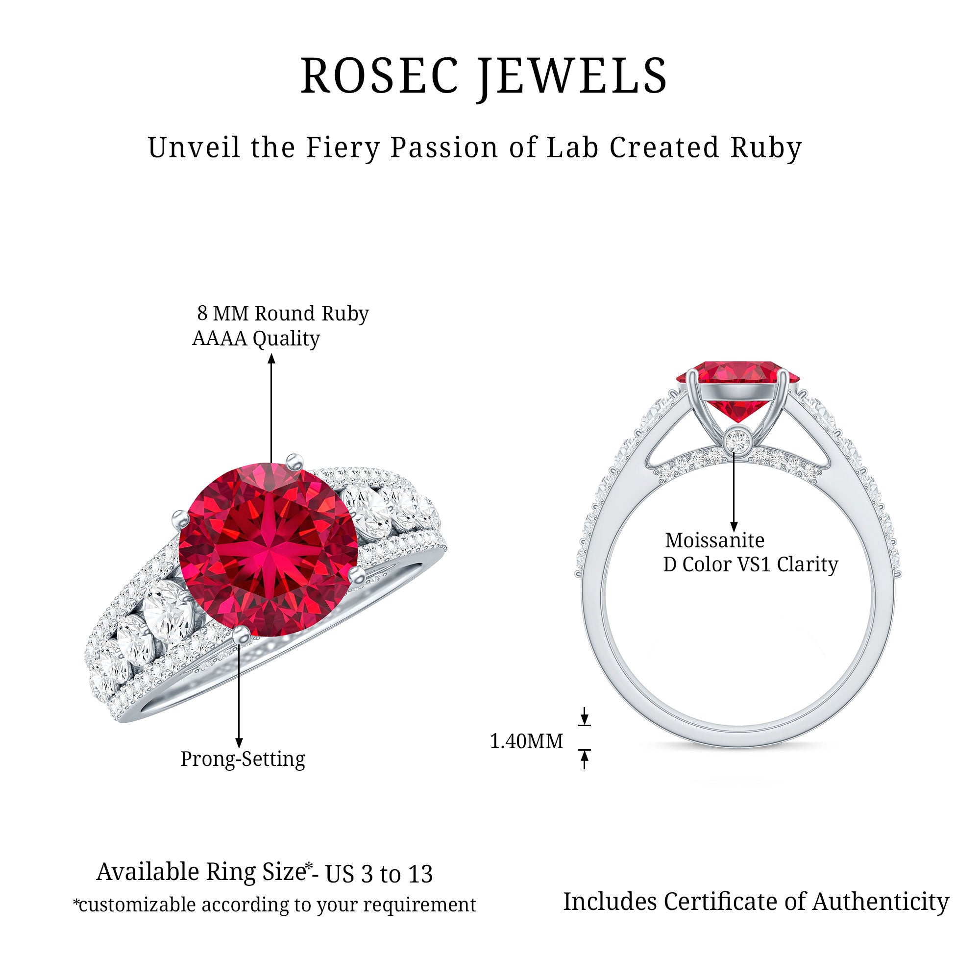 Created Ruby Statement Engagement Ring with Moissanite Side Stones AAAA - Rosec Jewels