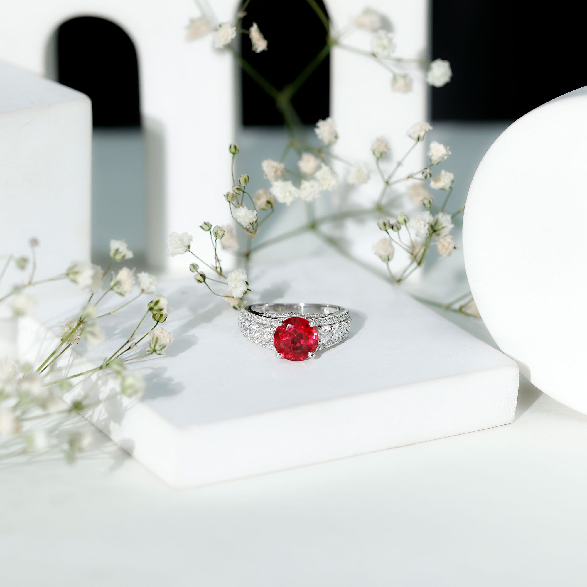 Created Ruby Statement Engagement Ring with Moissanite Side Stones AAAA - Rosec Jewels