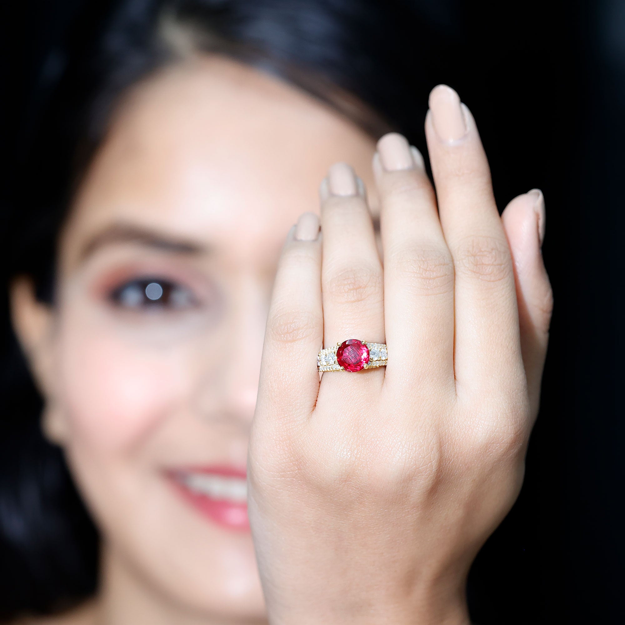 Created Ruby Statement Engagement Ring with Moissanite Side Stones AAAA - Rosec Jewels
