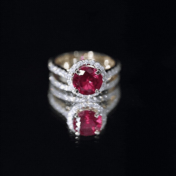 Lab Created Ruby Halo Wedding Ring Set with Moissanite AAAA - Rosec Jewels
