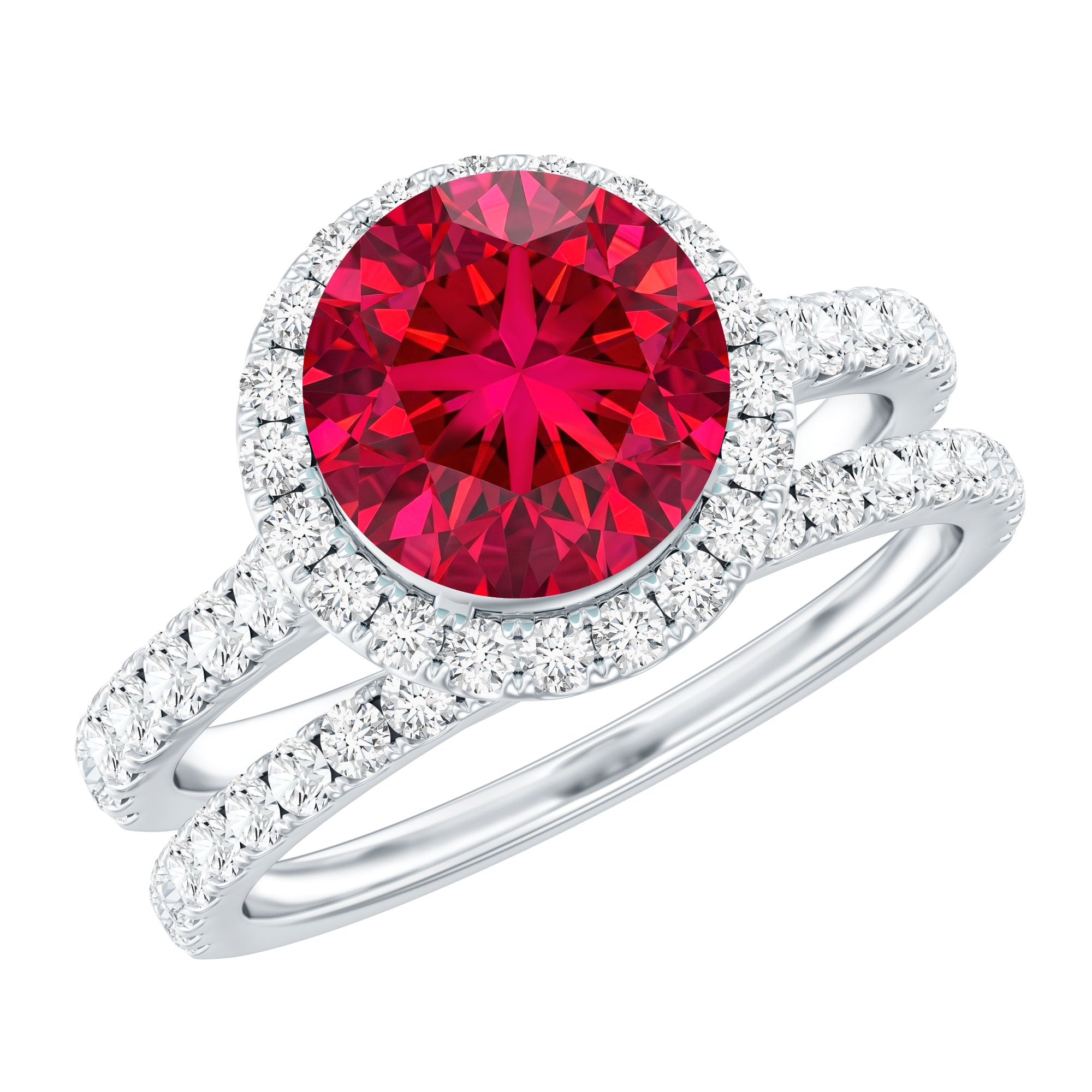 Lab Created Ruby Halo Wedding Ring Set with Moissanite AAAA - Rosec Jewels