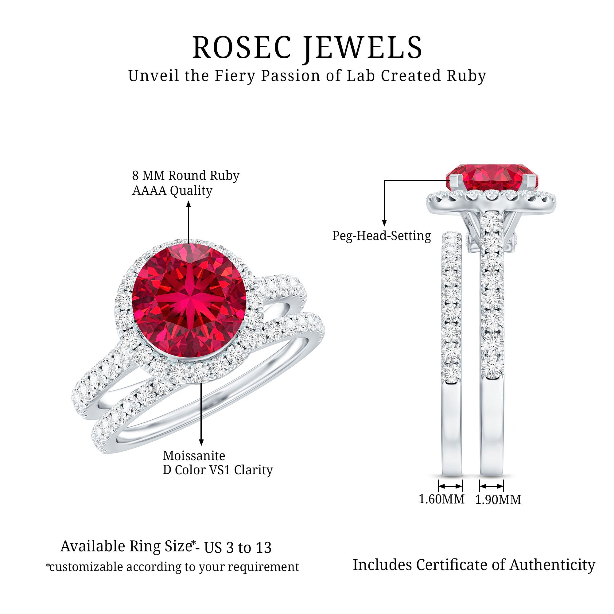 Lab Created Ruby Halo Wedding Ring Set with Moissanite AAAA - Rosec Jewels