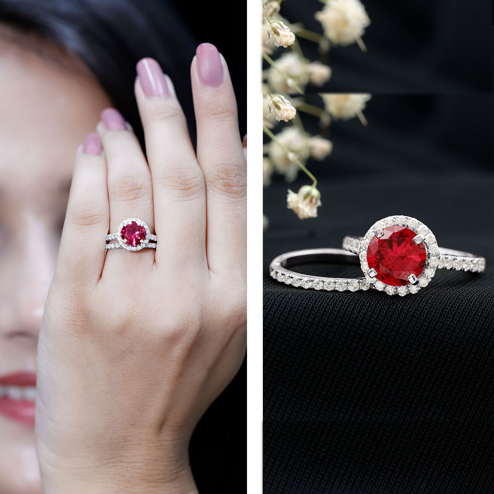 Lab Created Ruby Halo Wedding Ring Set with Moissanite AAAA - Rosec Jewels