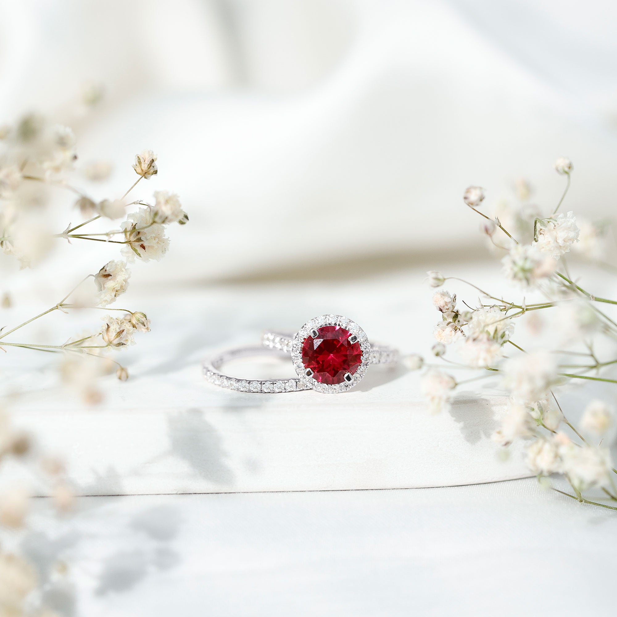 Lab Created Ruby Halo Wedding Ring Set with Moissanite AAAA - Rosec Jewels