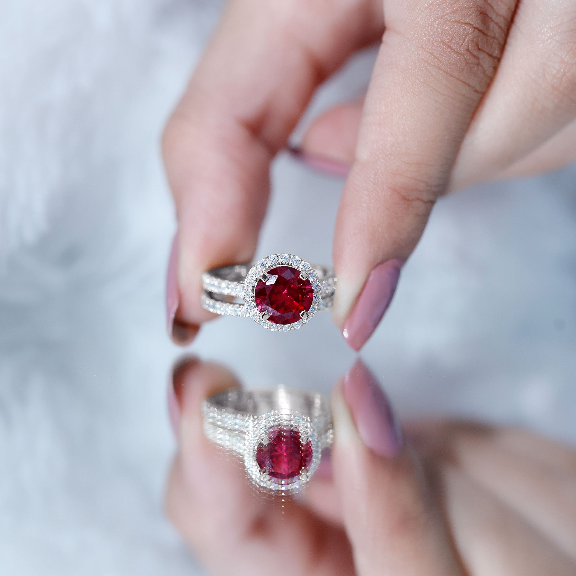 Lab Created Ruby Halo Wedding Ring Set with Moissanite AAAA - Rosec Jewels